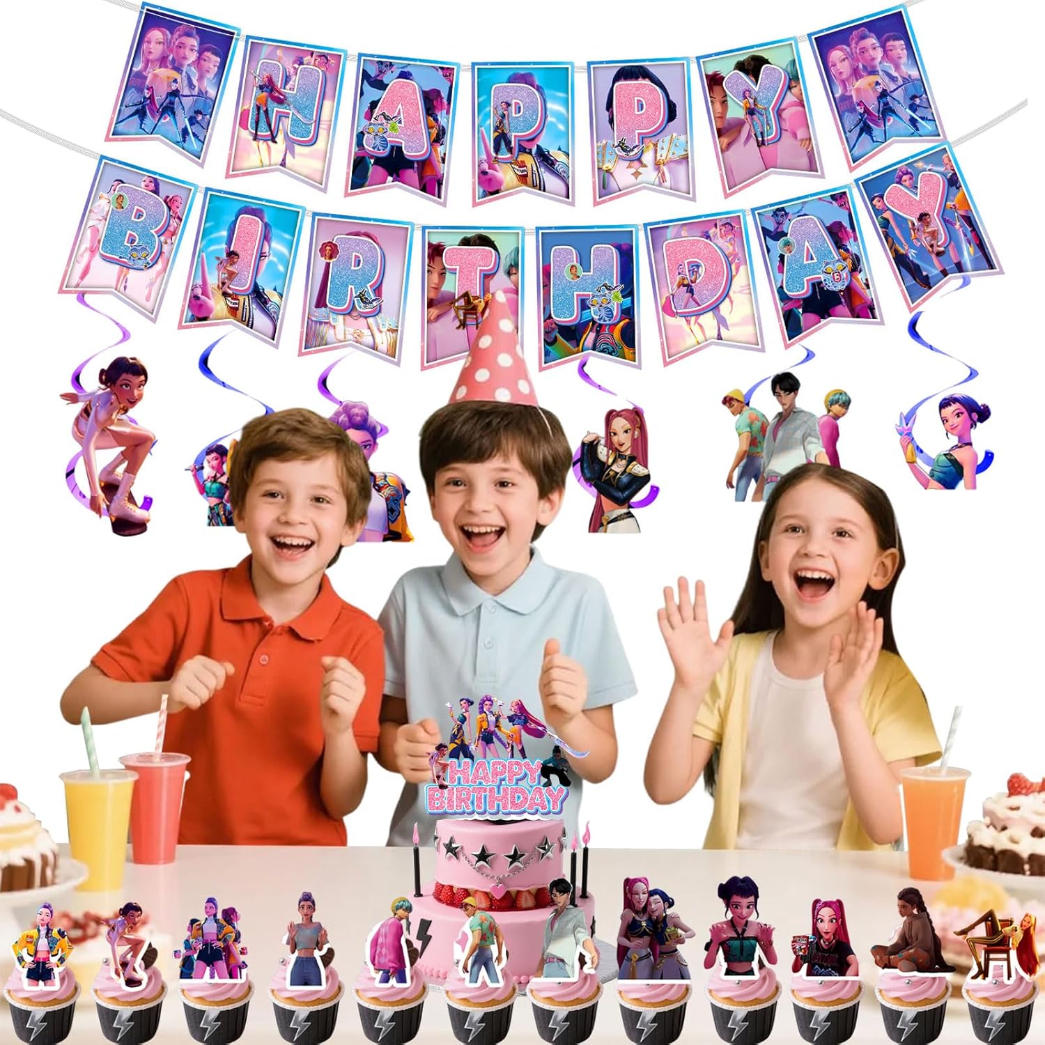 Anime Party Decorations, Cartoon Happy Birthday Decorations, K-pop Banner Suit, Includes Banners, Cake Toppers, Hanging, and Dessert Toppers