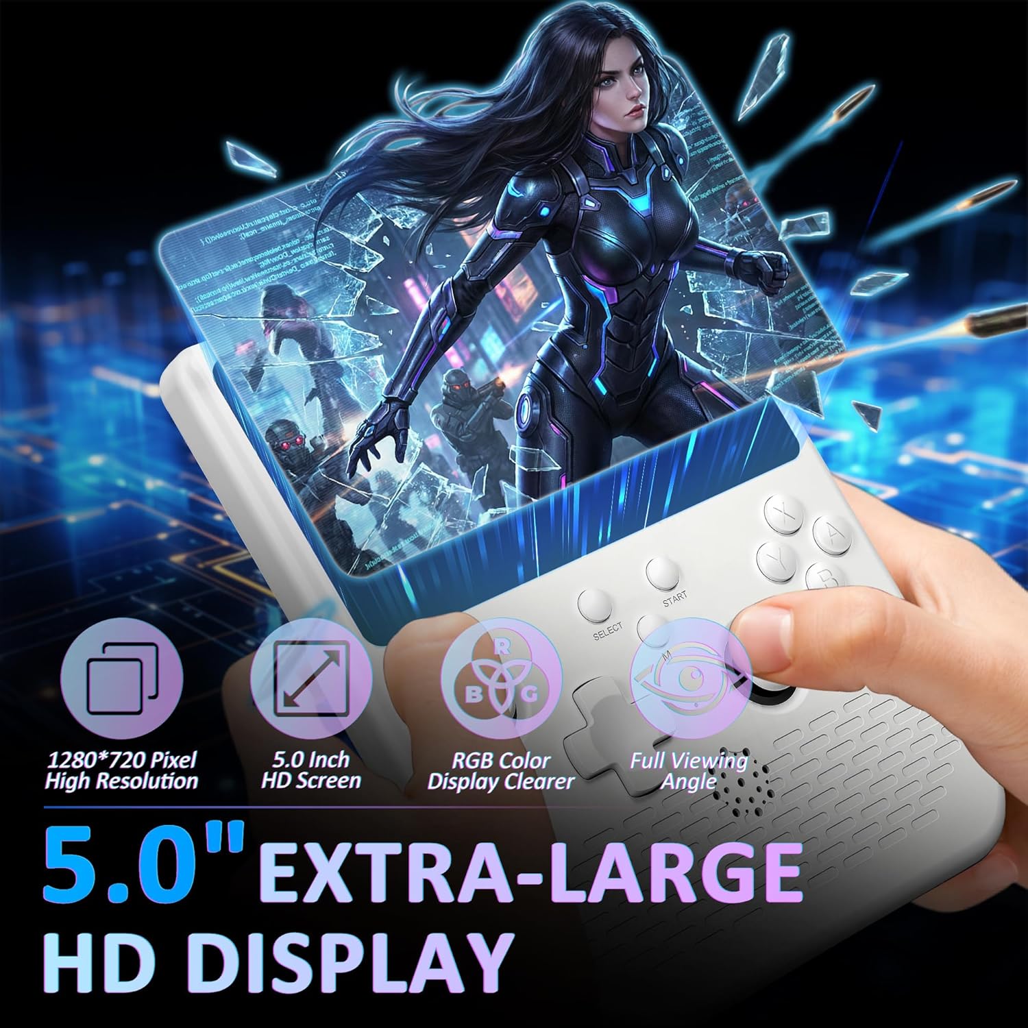 H5 Retro Gaming Console, 5.0 Inch IPS HD Screen Handheld Game Console, 256GB TF Card Build-in 40000+ Classic Games, Portable Video Arcade Support 34+ Emulators with 4000mAh Battery, White