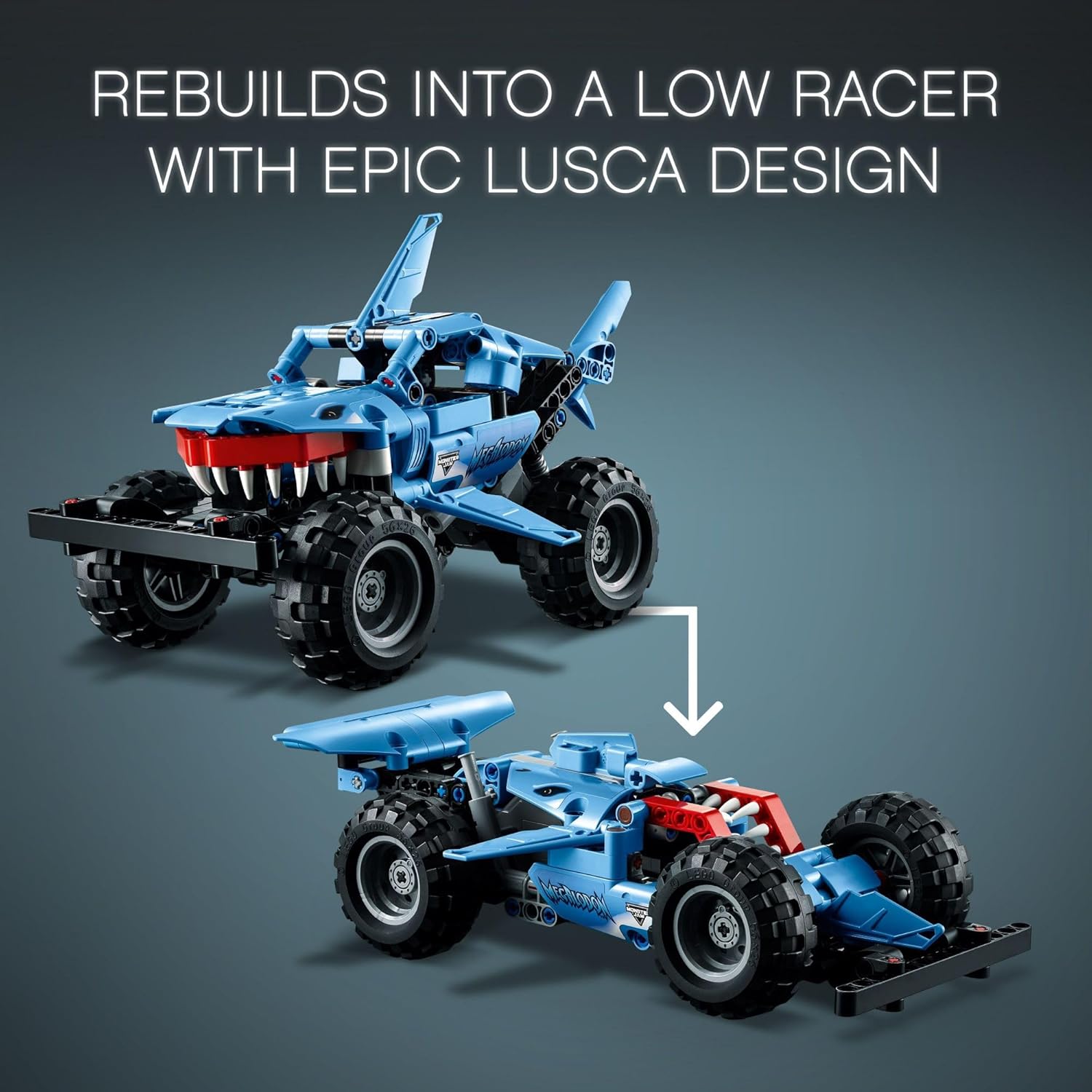 LEGO Technic Monster Jam Megalodon Building Set, 2 in 1 Pull Back Shark Truck to Lusca Low Racer Car Toy, DIY Building Toy Ideas for Outdoor Play for Kids, Boys, and Girls Ages 7 and Up, 42134