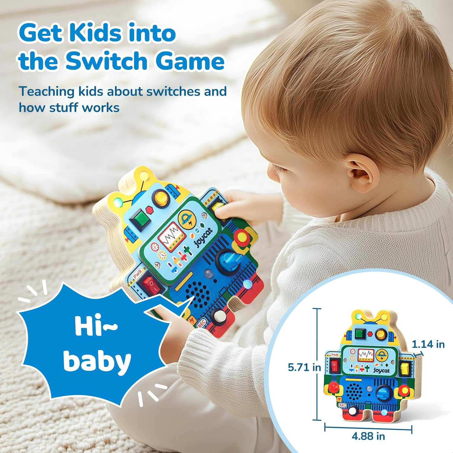 JoyCat Robot Busy Board with Led Light, Toddler Toys for 1 2 3 4 Year Old Boys and Girls, Wooden Sensory Toys with Voice Recording, Travel Toy for Toddlers 1-3, Birthday Presents