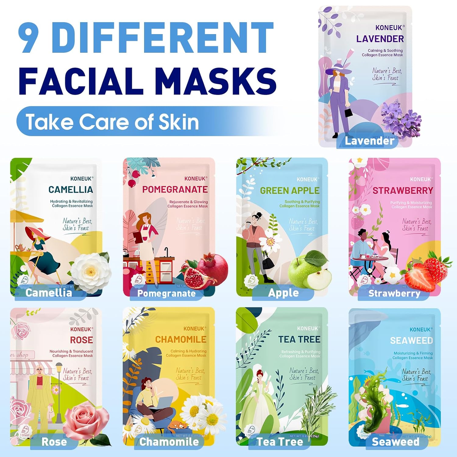 9 Pack Hydrating Face Masks Skincare, Bulk Sheet Face Mask for Dry Skin, Collagen Facial Masks and Spa Gifts for Women Skin Care, Christmas Gifts, Stocking Stuffers for Women