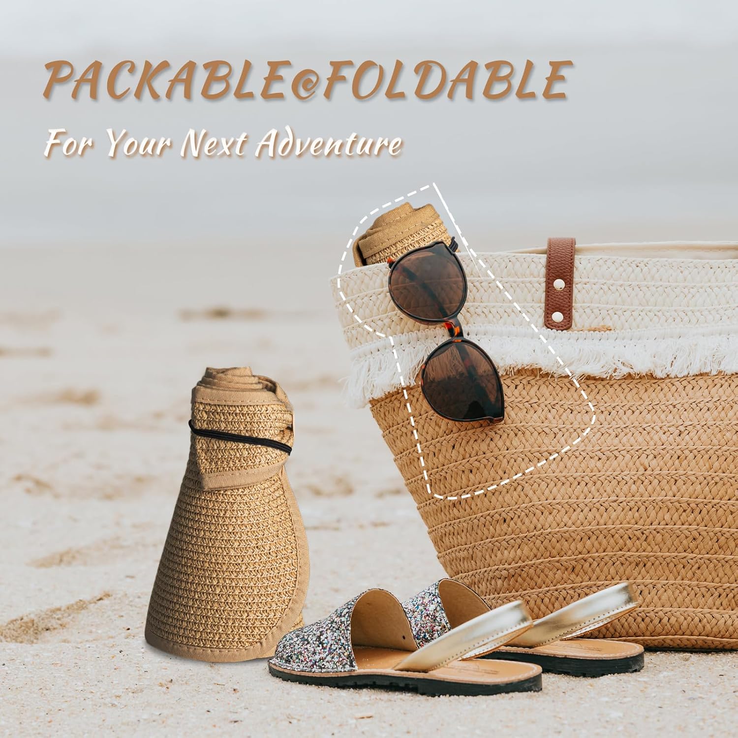 Women's Sun Visor Hats Wide Brim Straw Beach Hat Ponytail Hats for Women Foldable Floppy