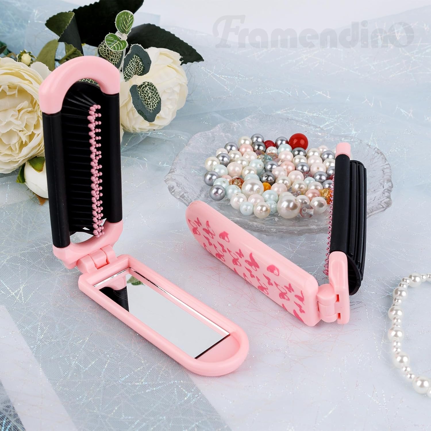 Framendino, 2 Pack Travel Hair Brush With Mirror Portable Folding Pocket Collapsible Compact Comb for Women Pink