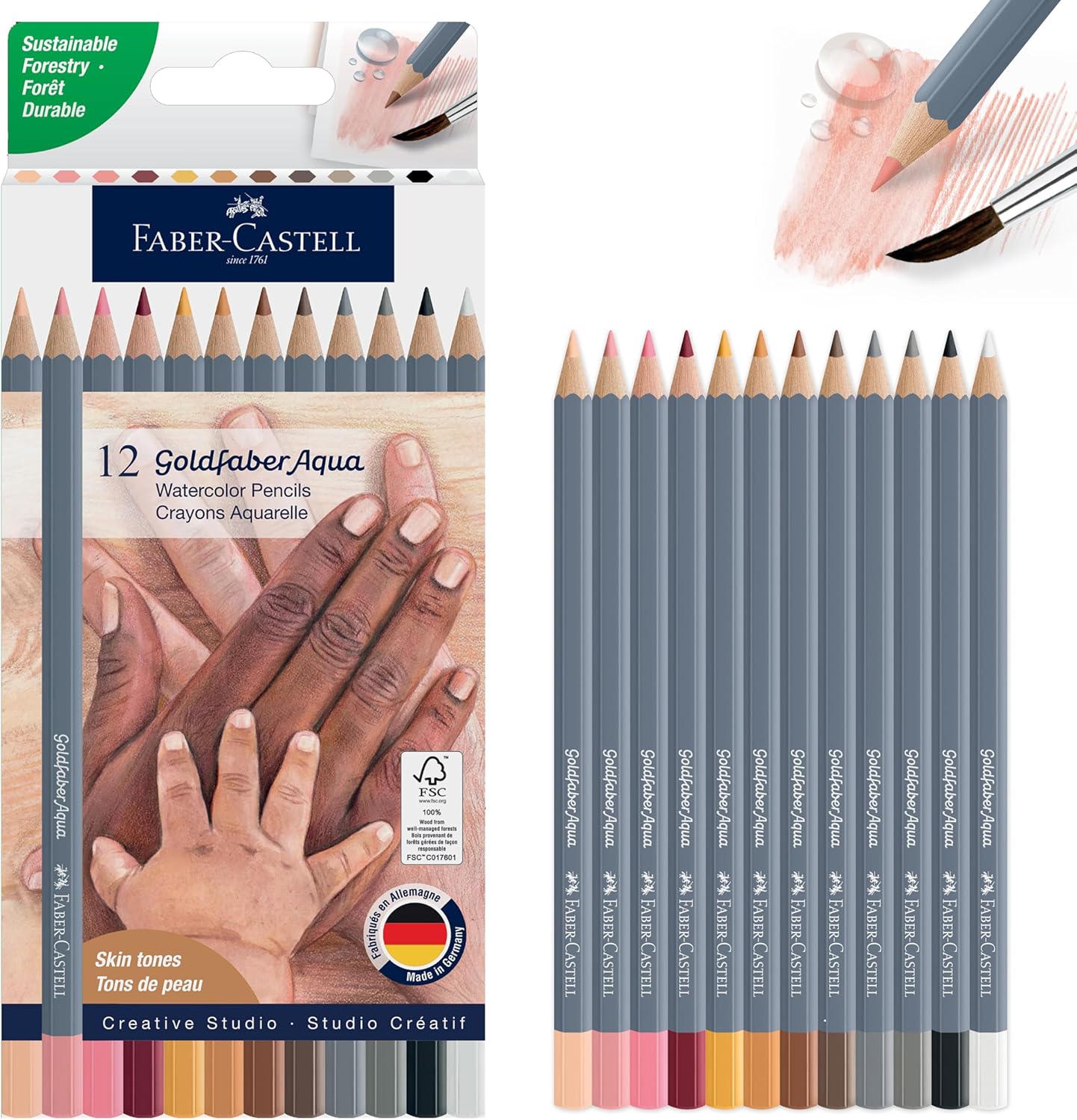 Faber-Castell Goldfaber Aqua Watercolor Pencils: Skin Tone Colored Pencils for Portraits, Dual Use Wet or Dry, Break-Resistant Cores, Art Supplies for Teens & Adults (12 Count)