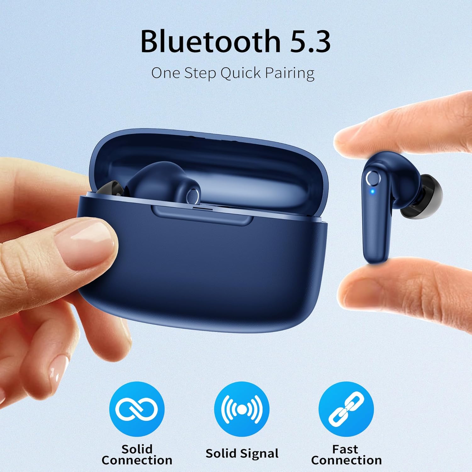 Redpepper Wireless Ear Buds Bluetooth 5.3 60H Using Time Headphones Deep Bass Clear Call Earbuds with Built-in Mic Touch Control Lightweight Headsets for Studying Working Gaming Blue