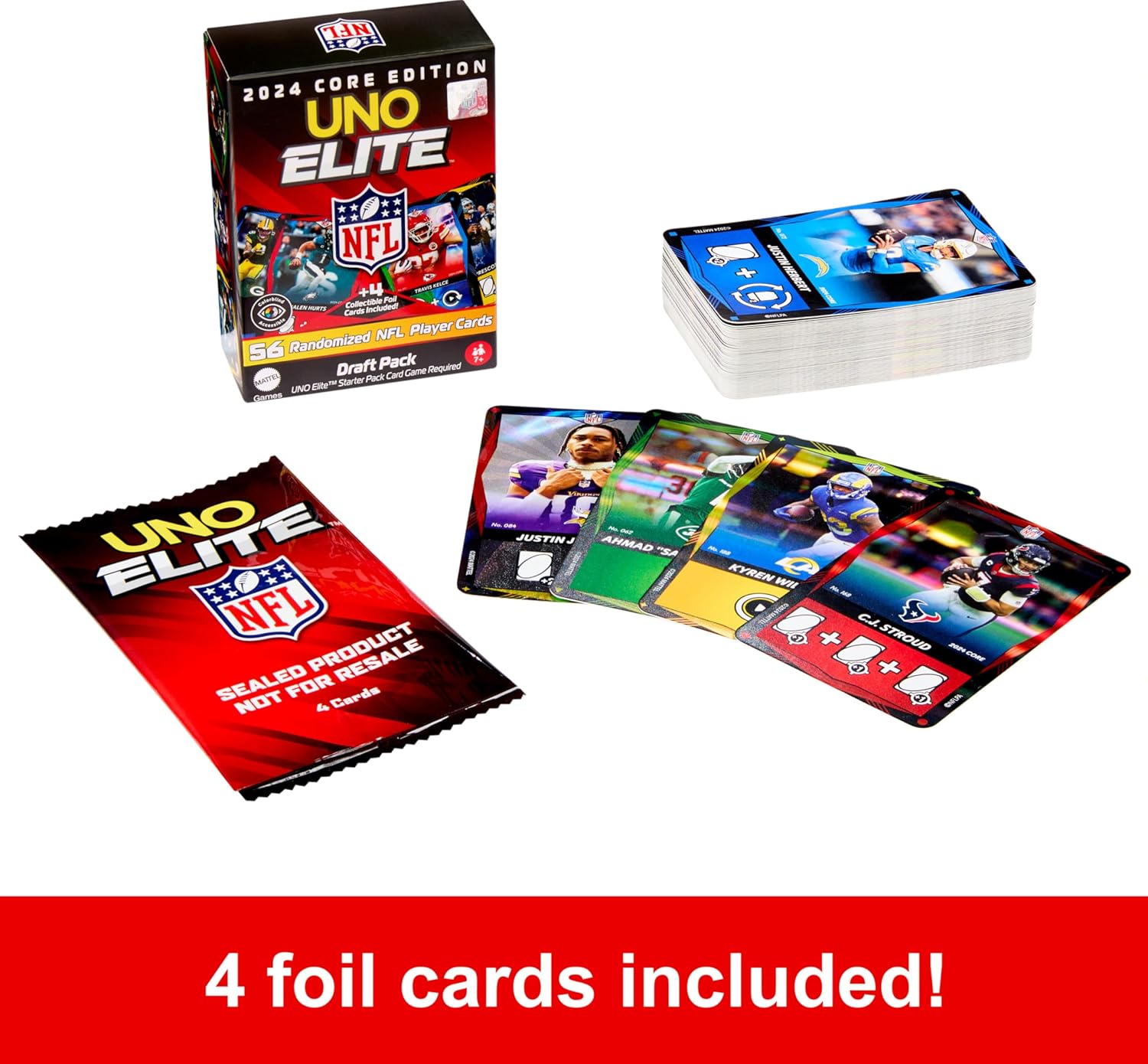 Mattel Games UNO Elite NFL Draft Pack Cards with 4 Surprise Collectible Foil Cards Featuring Team Players (Players May Vary)