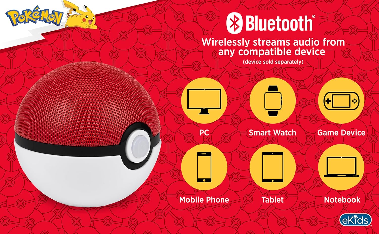 eKids Pokemon Pokeball Bluetooth Speaker, Wireless Speaker with Rechargeable Battery and USB-C Charging Cable