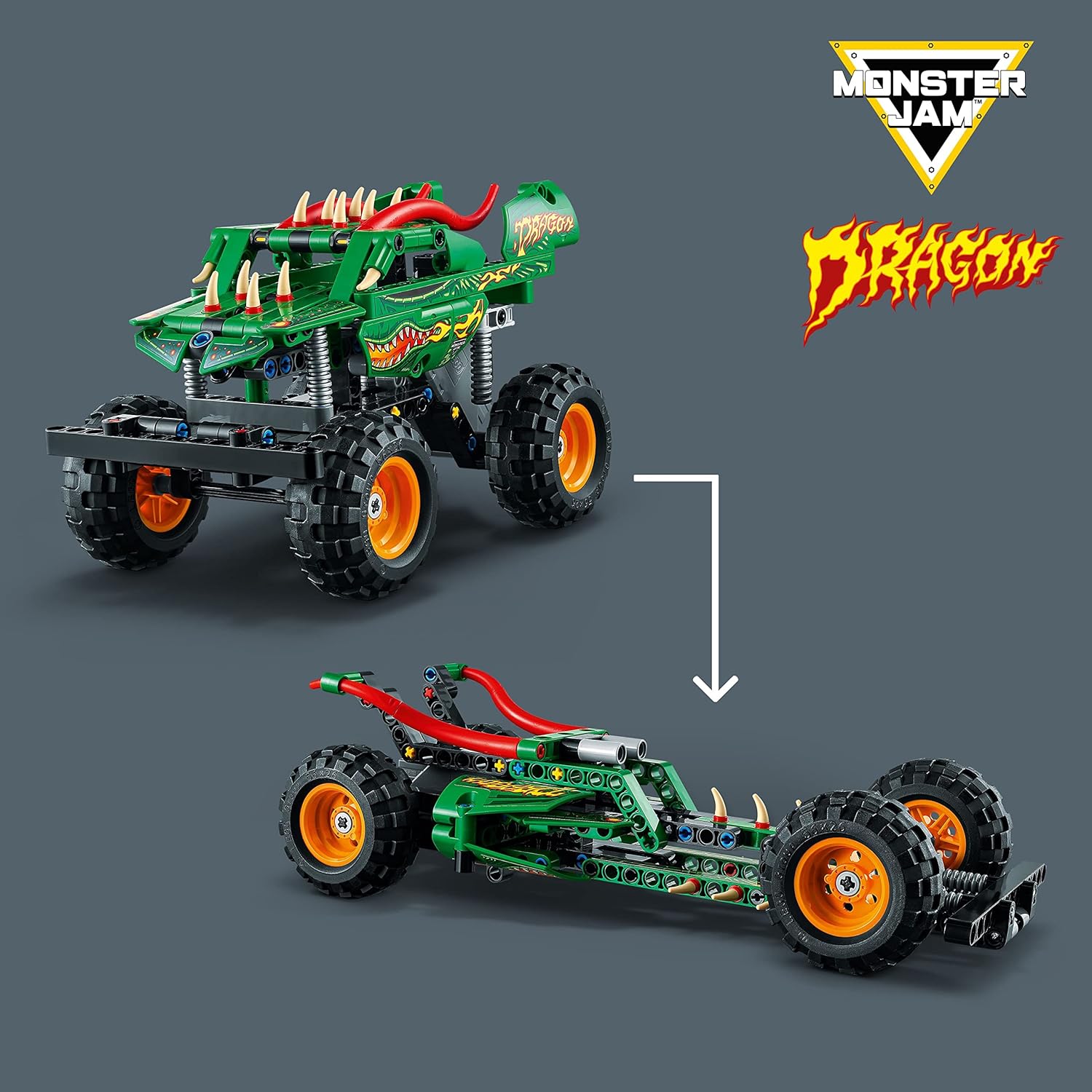 LEGO Technic Monster Jam Dragon Monster Truck Toy for Boys and Girls, 2in1 Racing Pull Back Car Toys for Off Road Stunts, Kids Birthday Gift Idea, Great Activity for Kids, 42149