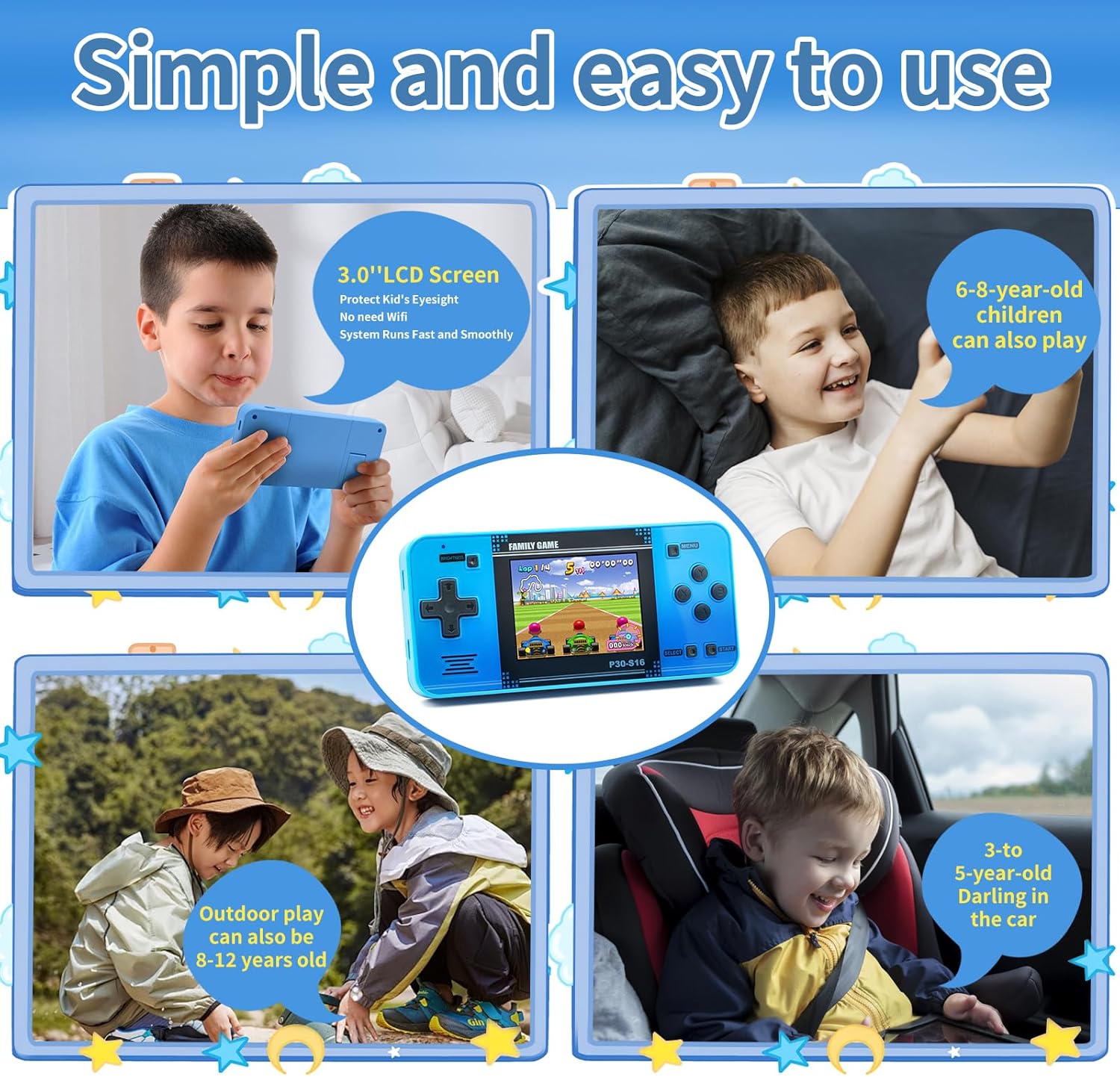 Handheld Game for Kids -Preloaded 220 Retro Video Games, Portable Gaming Player with Rechargeable Battery 3.0" LCD Screen, Mini Arcade Electronic Toy Gifts for Boys Girls (Blue)