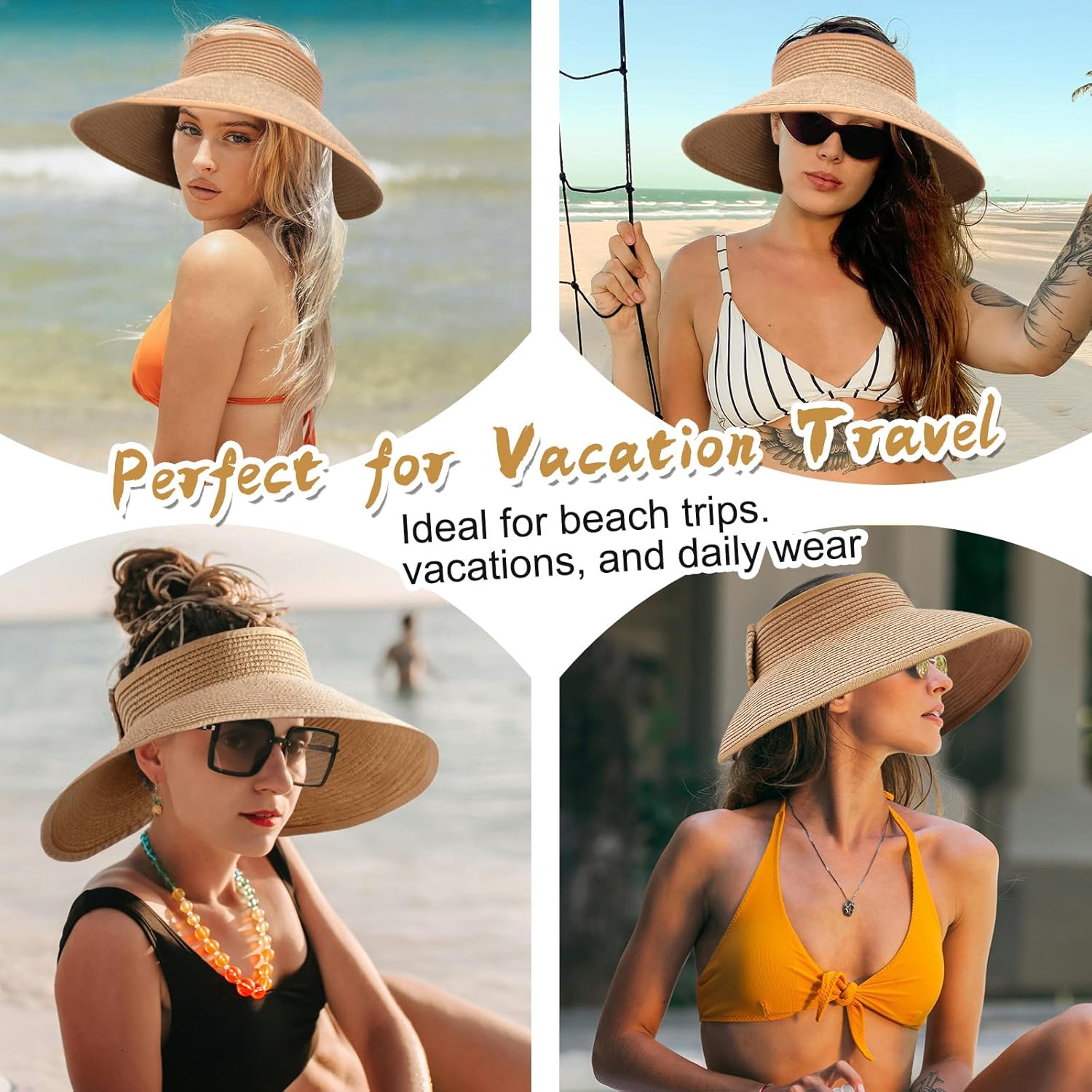 Women's Sun Visor Hats Wide Brim Straw Beach Hat Ponytail Hats for Women Foldable Floppy