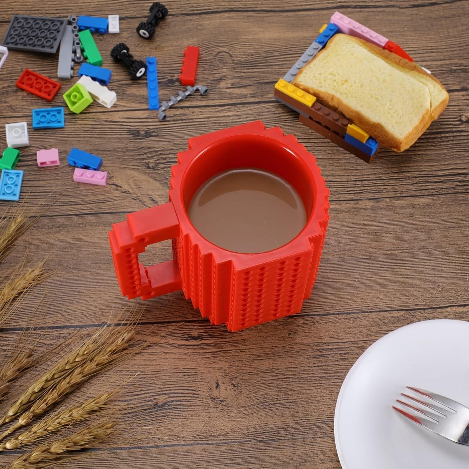 Build on Brick Coffee Mugs,Creative DIY Kids Party Cups with Building Blocks,Fun Novelty Gifts for Kids Childhood Adults Office Birthday Xmas,Red