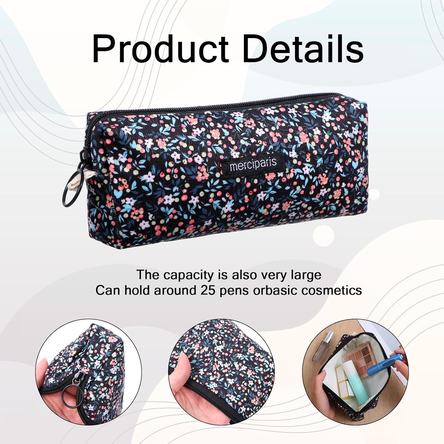 Floral Pencil Case, Retro Floral Pencil Pouch Soft Small Cosmetic Pen Bags Corduroy Pencils Bags for Office College Flower Makeup Pouch for Women Storage Purse(Black)