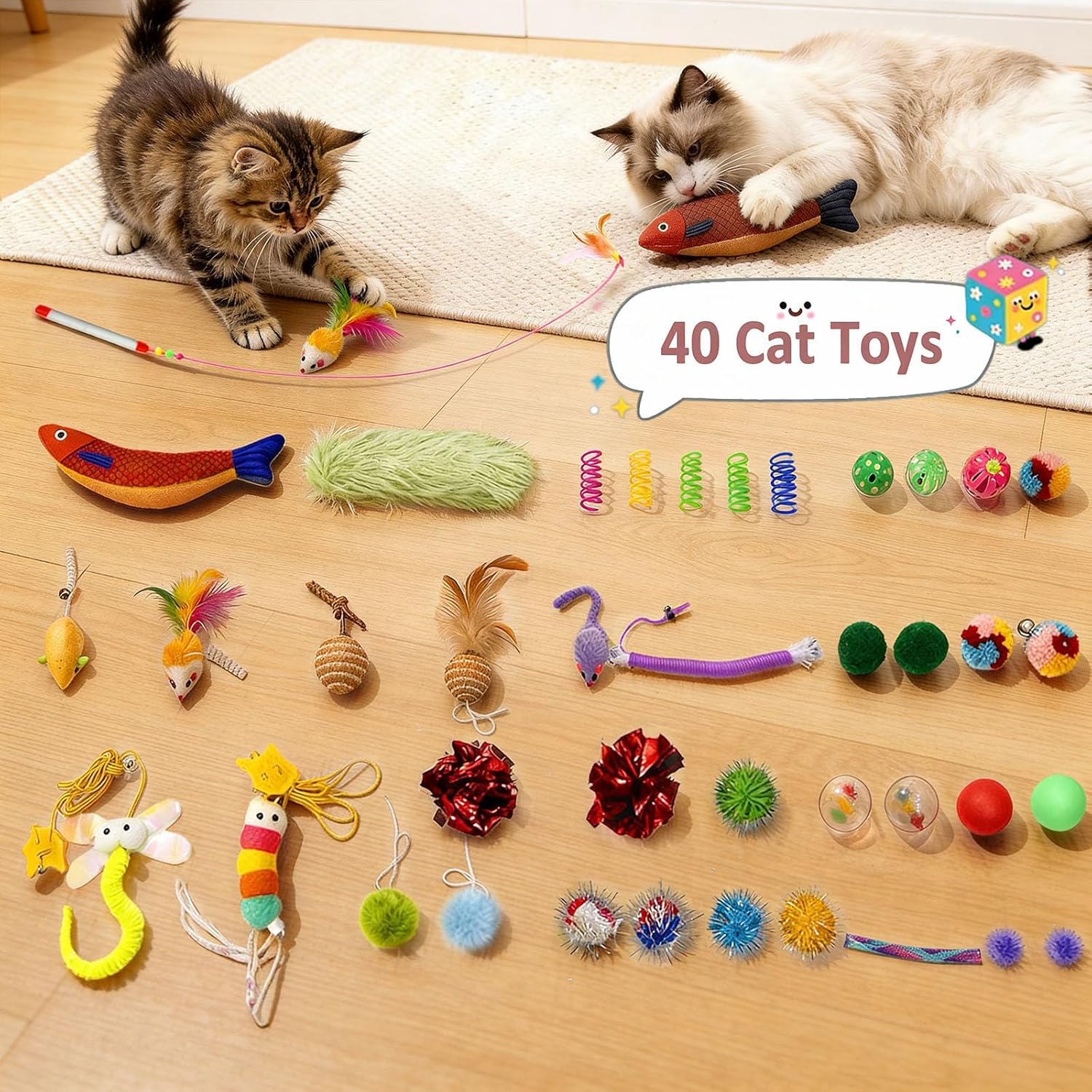 41 Pcs Interactive Cat Toys for Indoor Cats, Kitten Toys with Cute Cat House Bed, Catnip Toys, Chew Rope, Feather Wand, Springs and Balls for Indoor Kittens