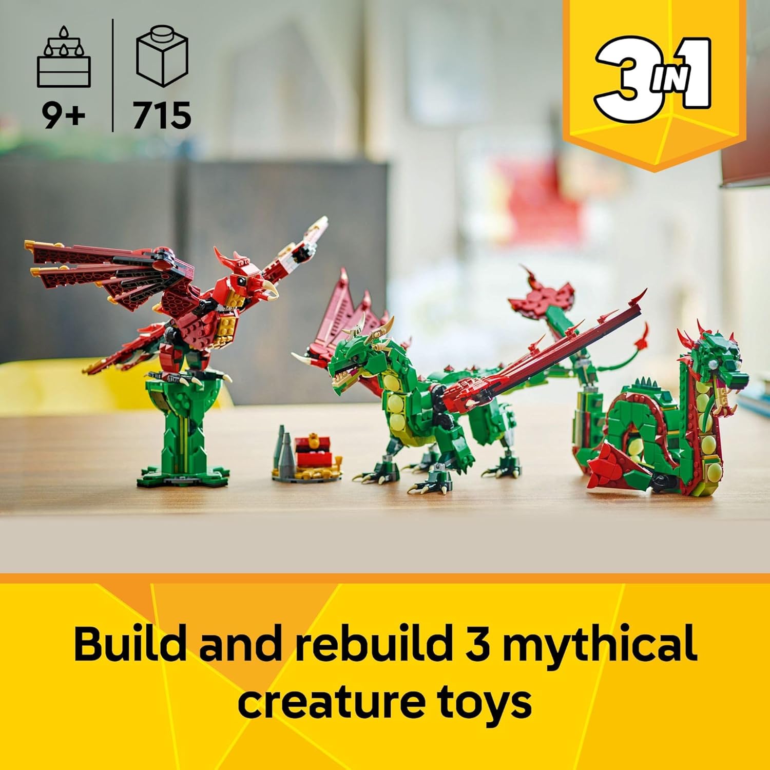 LEGO Creator 3 in 1 Medieval Dragon Toy - Building Toy with 3 Build Options, Dragon, Sea Serpent, or Phoenix - Fantasy Set for Kids, Boys and Girls, Ages 9+ - Gift Idea for Birthdays - 31161