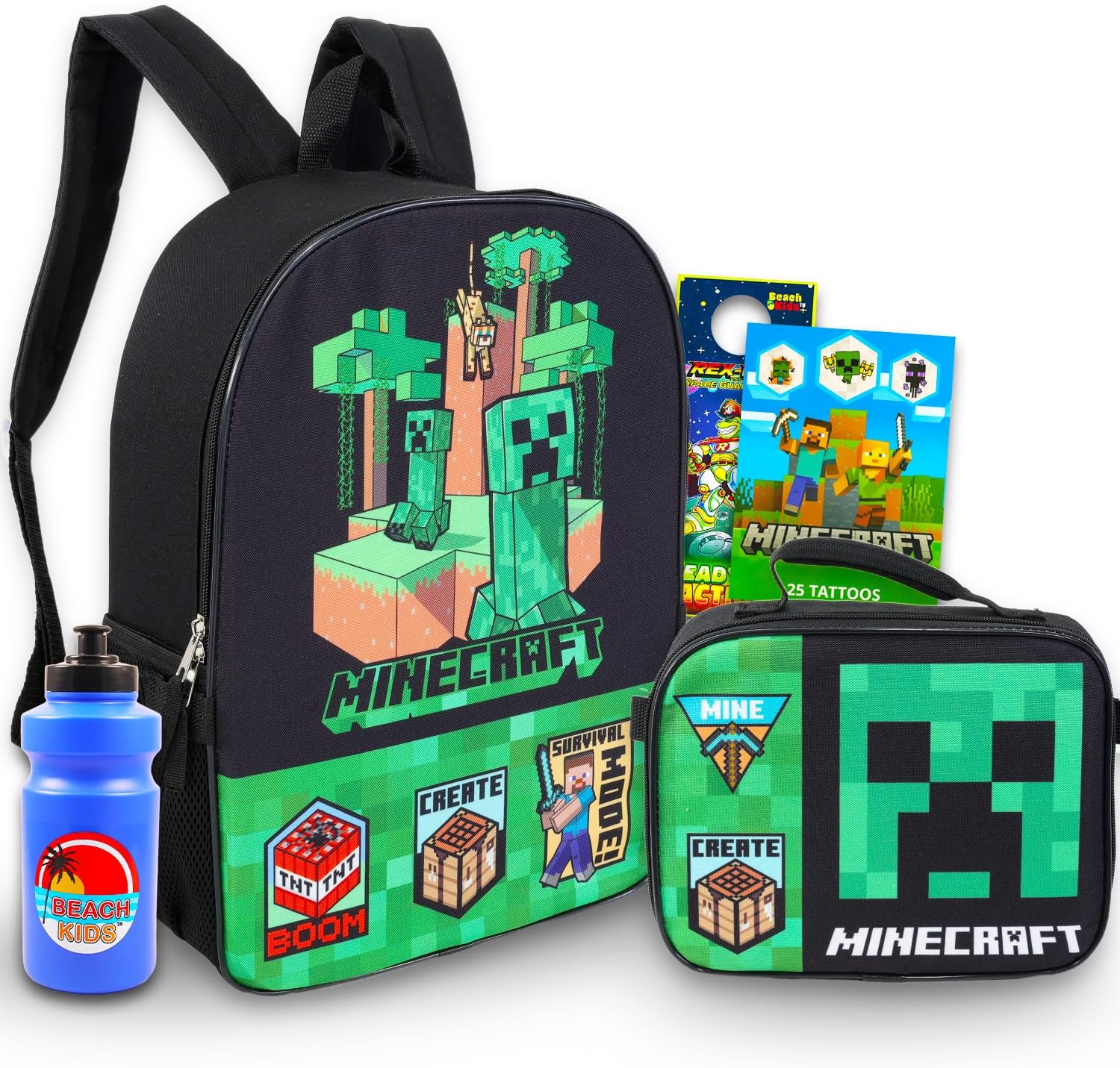 Minecraft Backpack and Lunch Set for Boys - Bundle with 16” Minecraft Backpack, Lunch, Tattoos, and More | Minecraft Backpack for Boys 8-12