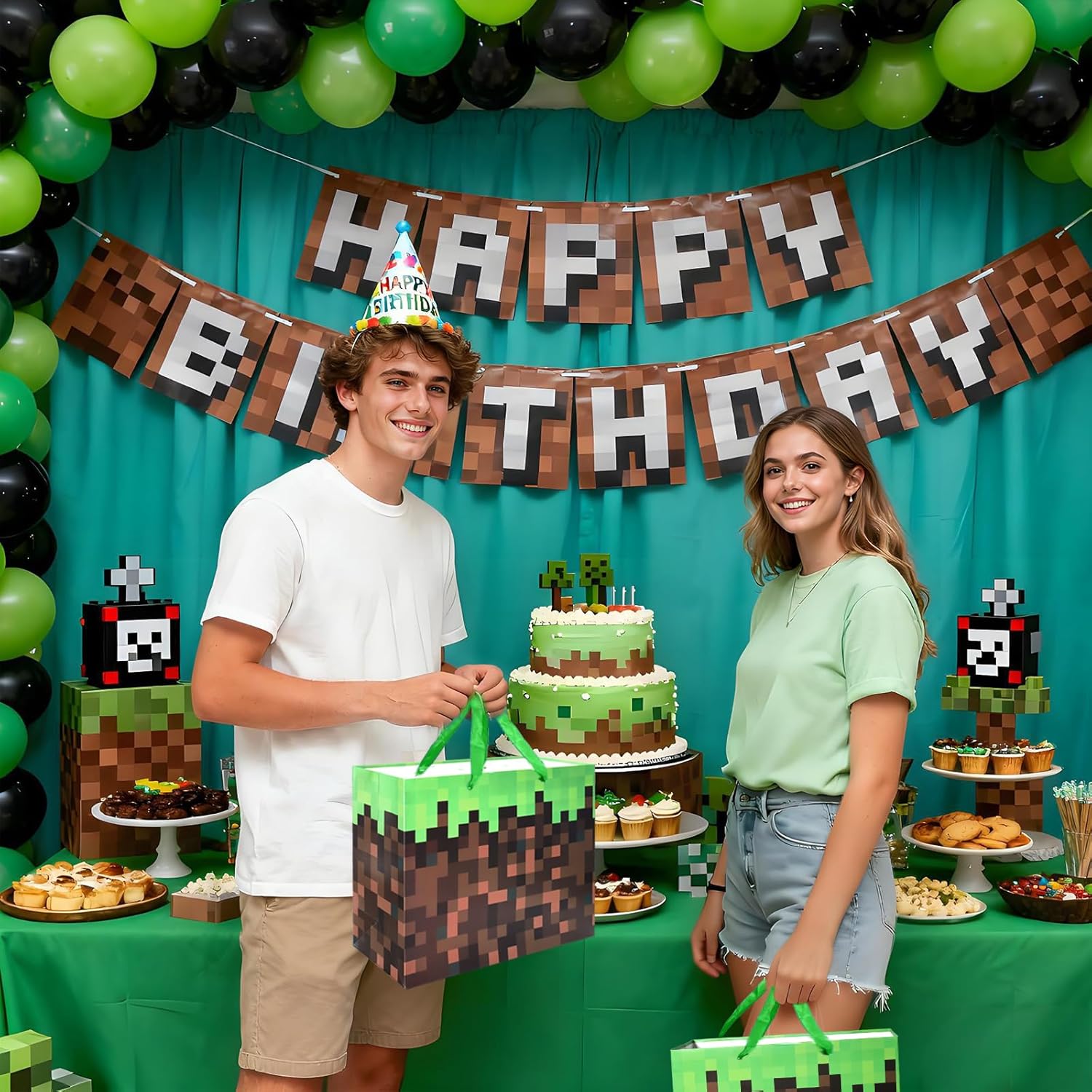 Cartoon Animation Party Gift Bags with Greeting Cards Tissue Papers Pixel Theme Goodie Bags Games Birthday Party Favors Supplies Candy Bags