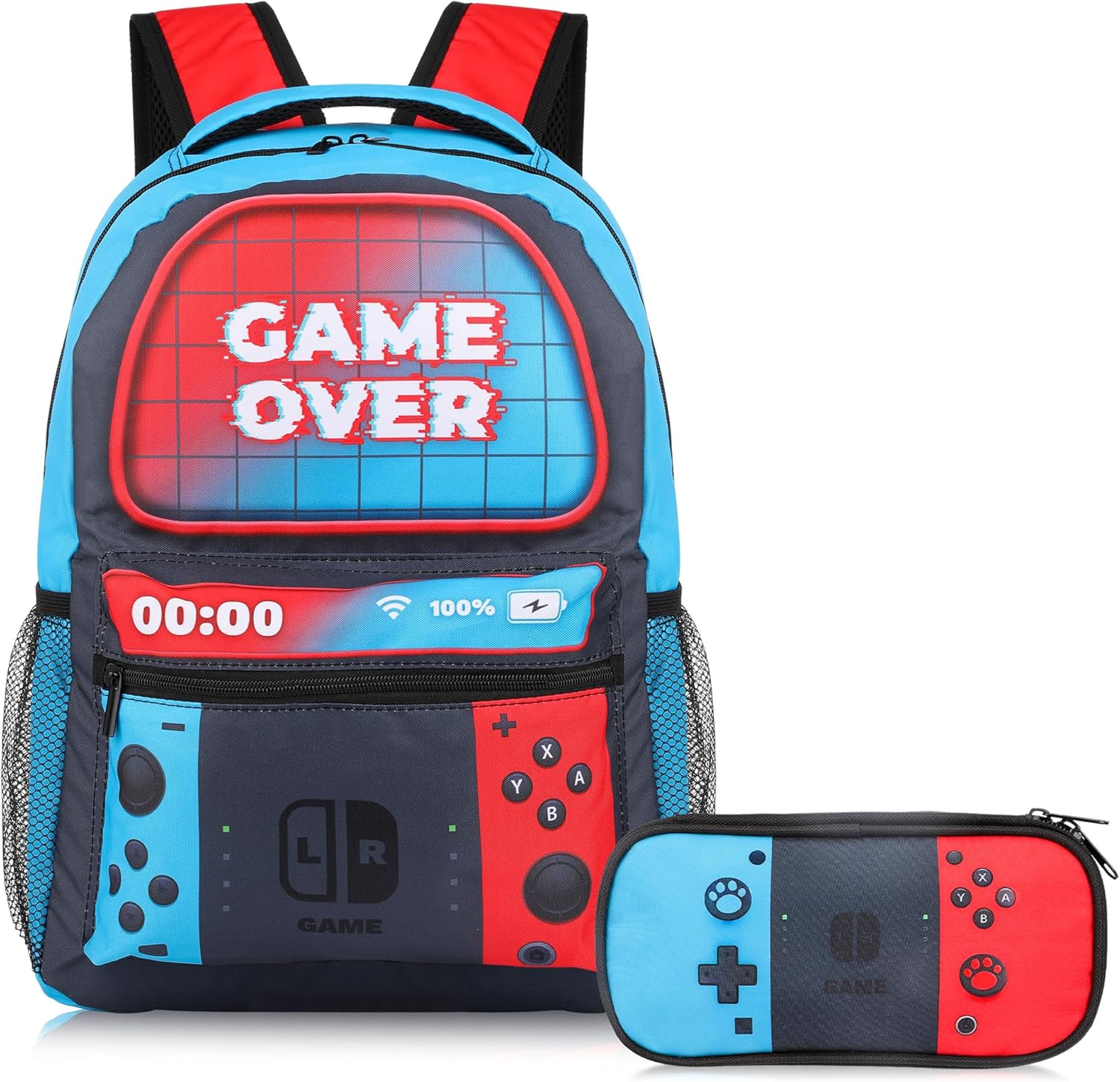 Gaming School Backpack for Boys - 16 Inch Gamer School Backpack With Pencil Case for Kids Children Elementary Middle School, Large Capacity Video Game Schoolbag for Kids School Stationery Supplies