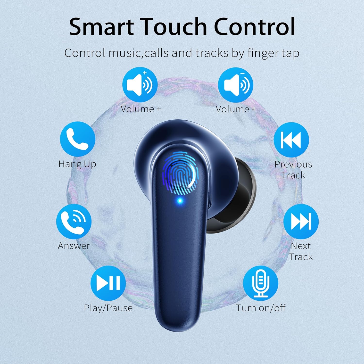 Redpepper Wireless Ear Buds Bluetooth 5.3 60H Using Time Headphones Deep Bass Clear Call Earbuds with Built-in Mic Touch Control Lightweight Headsets for Studying Working Gaming Blue