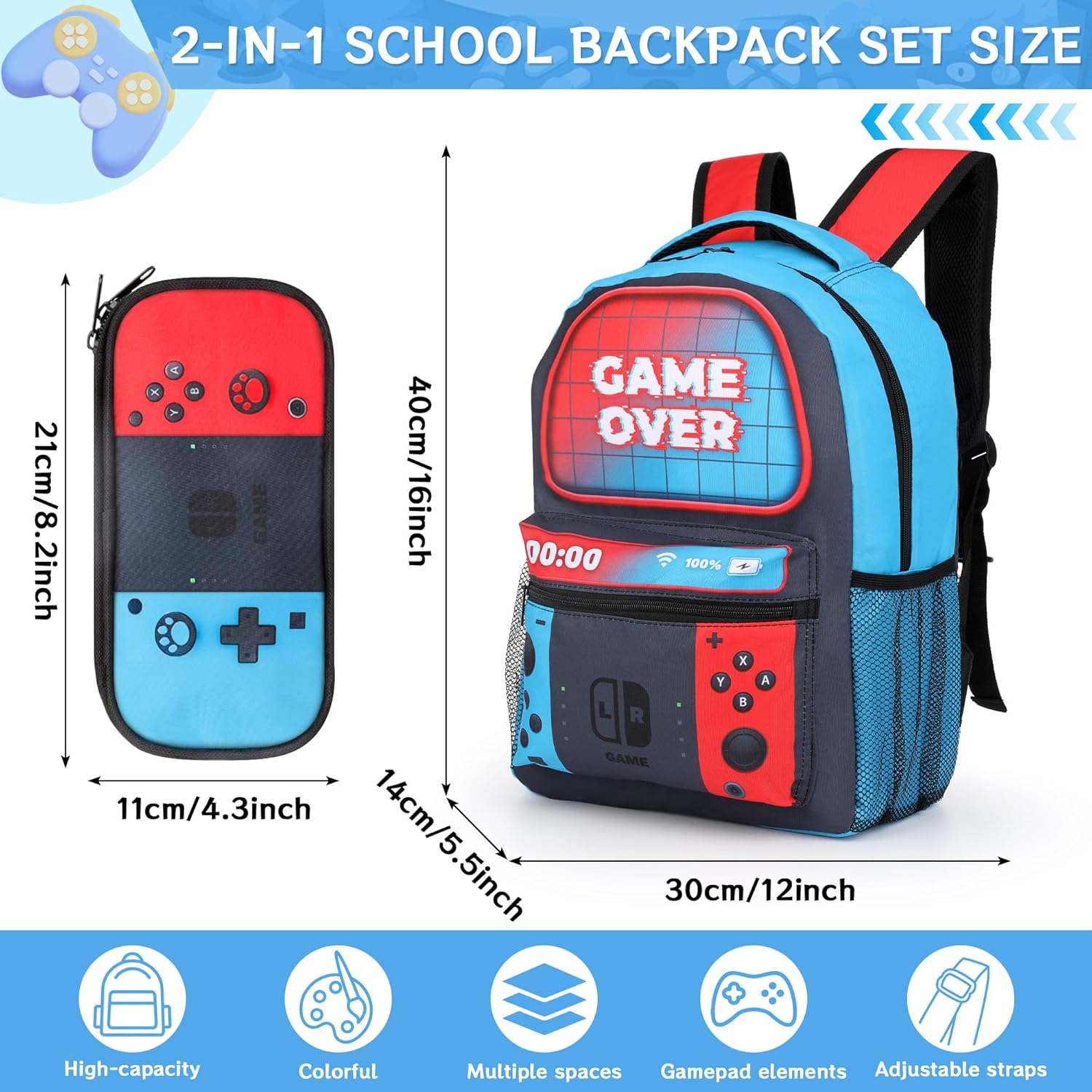 Gaming School Backpack for Boys - 16 Inch Gamer School Backpack With Pencil Case for Kids Children Elementary Middle School, Large Capacity Video Game Schoolbag for Kids School Stationery Supplies