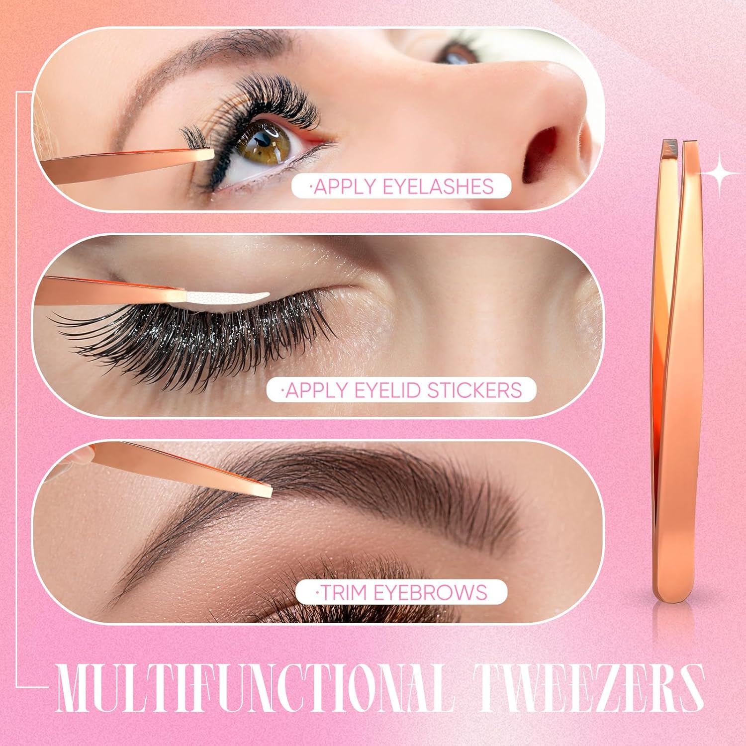 Lasnten 5 pcs Eyelash Applicator Tool Set Lash Tweezers for Eyelash Extensions Stainless Steel False Scissors Cluster Tweezer Eyebrow Curler Lash Brush with Box(Gold)