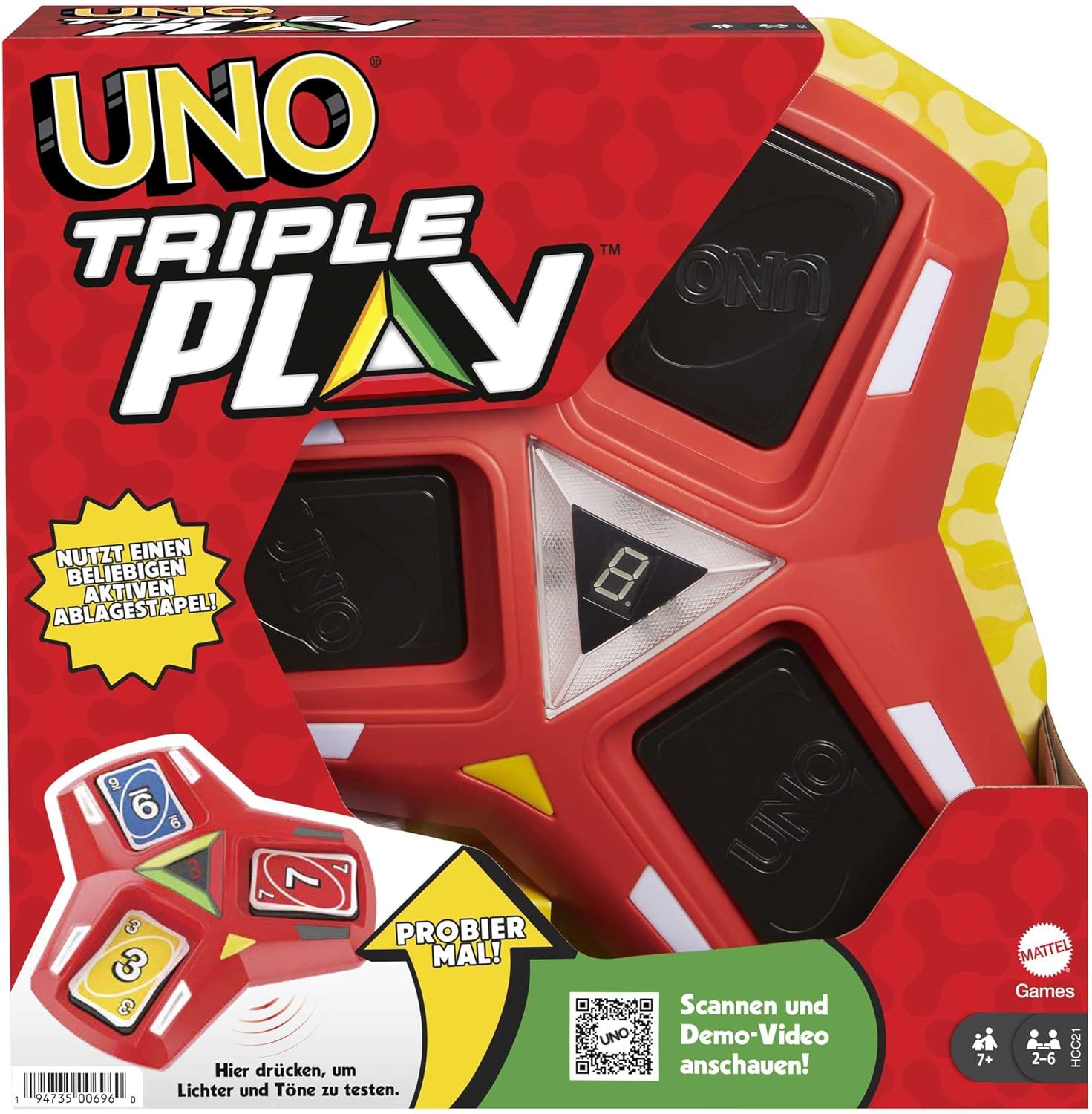 UNO Triple Play Card Game with Card-Holder Unit with Lights & Sounds & 112 Cards, Kid, Teen & Adult Game Night Gift Ages 7 Years & Older, HCC21