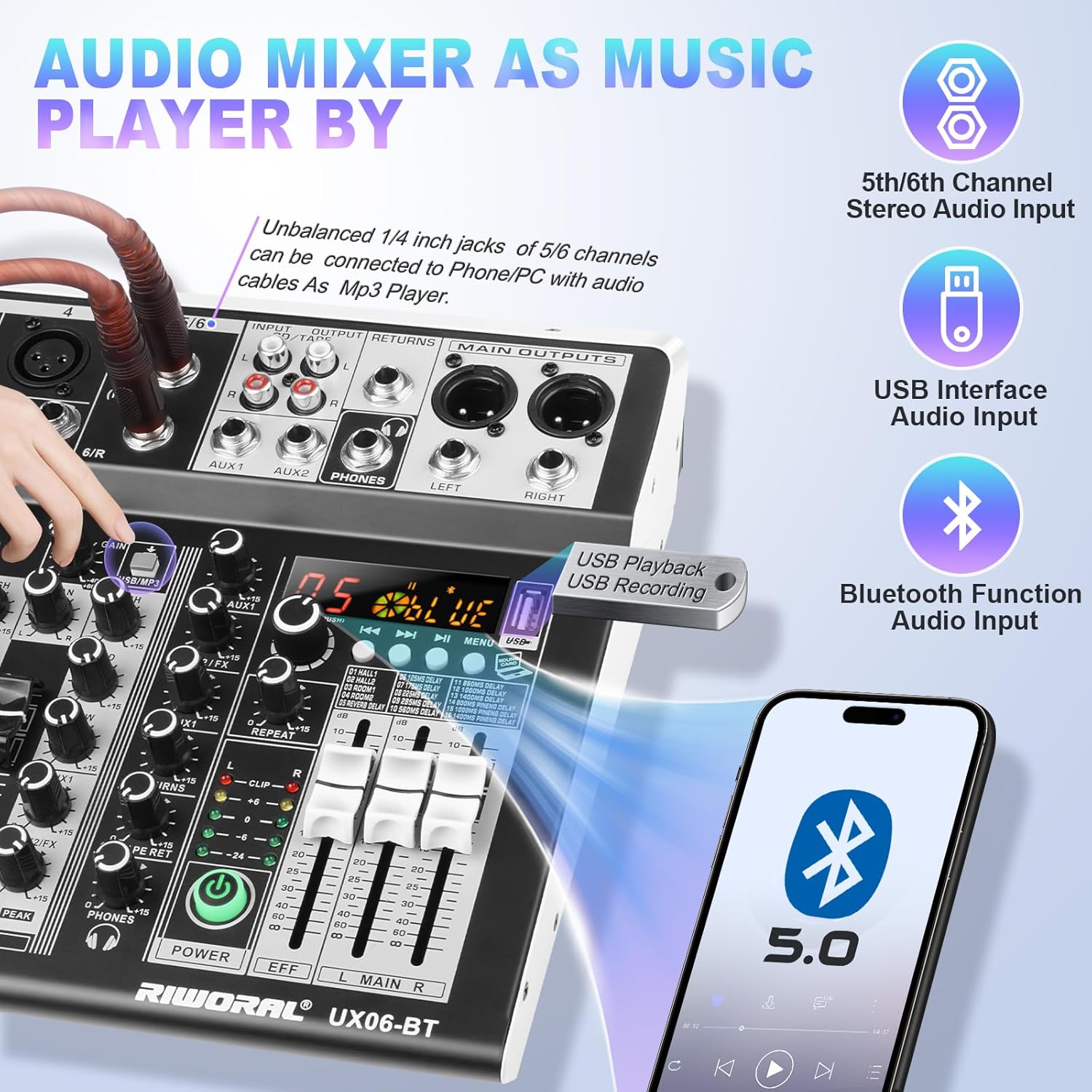 6 Channel Audio Interface Sound Board Mixing Console 16-Bit DSP DJ Mixer Audio Reverb Effect +48V Phantom Bluetooth Studio Audio Mixer For Karaoke Studio Streaming Recording