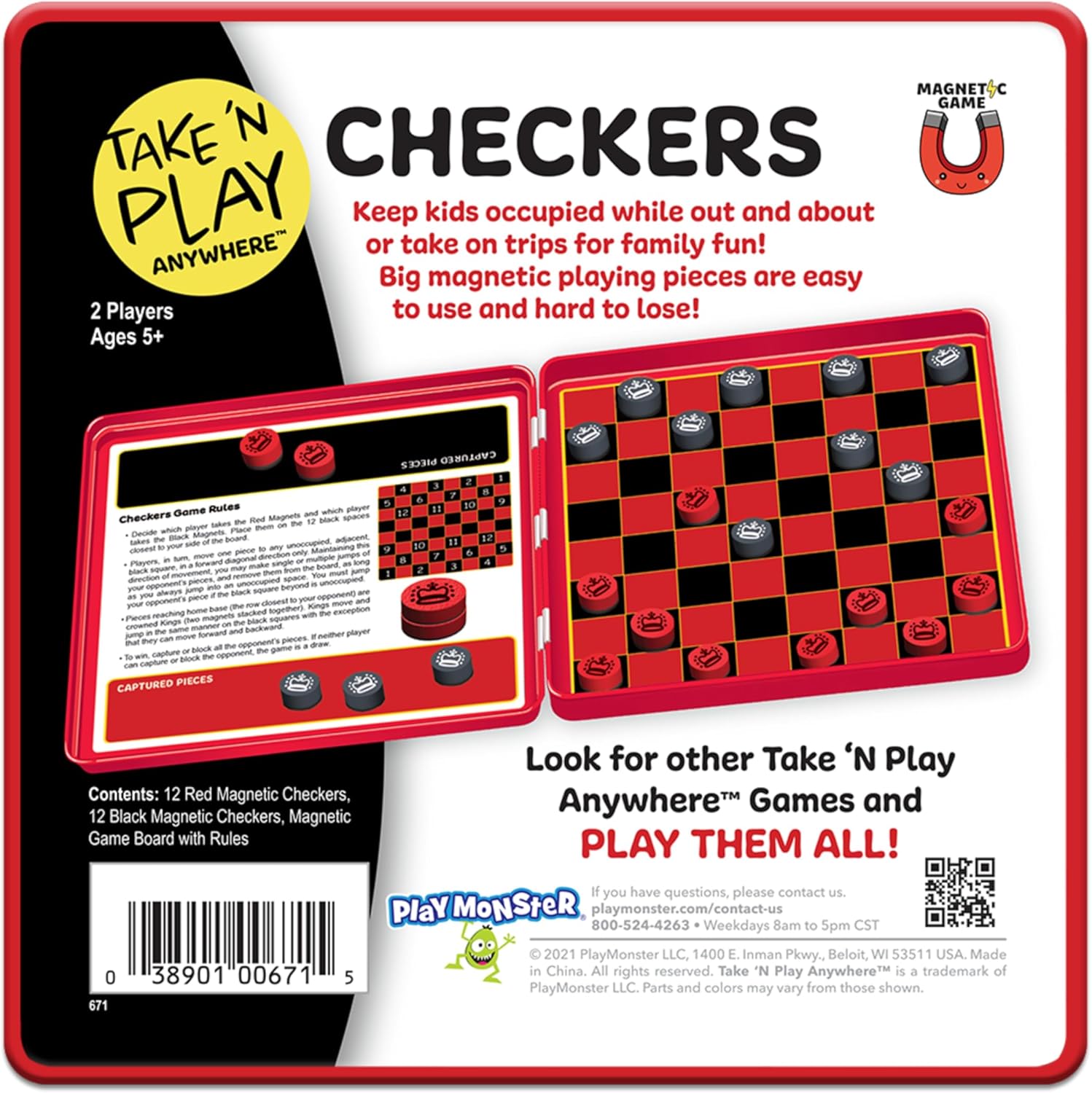 PlayMonster Take 'N Play Anywhere — Checkers — Magnetic Travel Game — Fun on The Go! — for Ages 4+