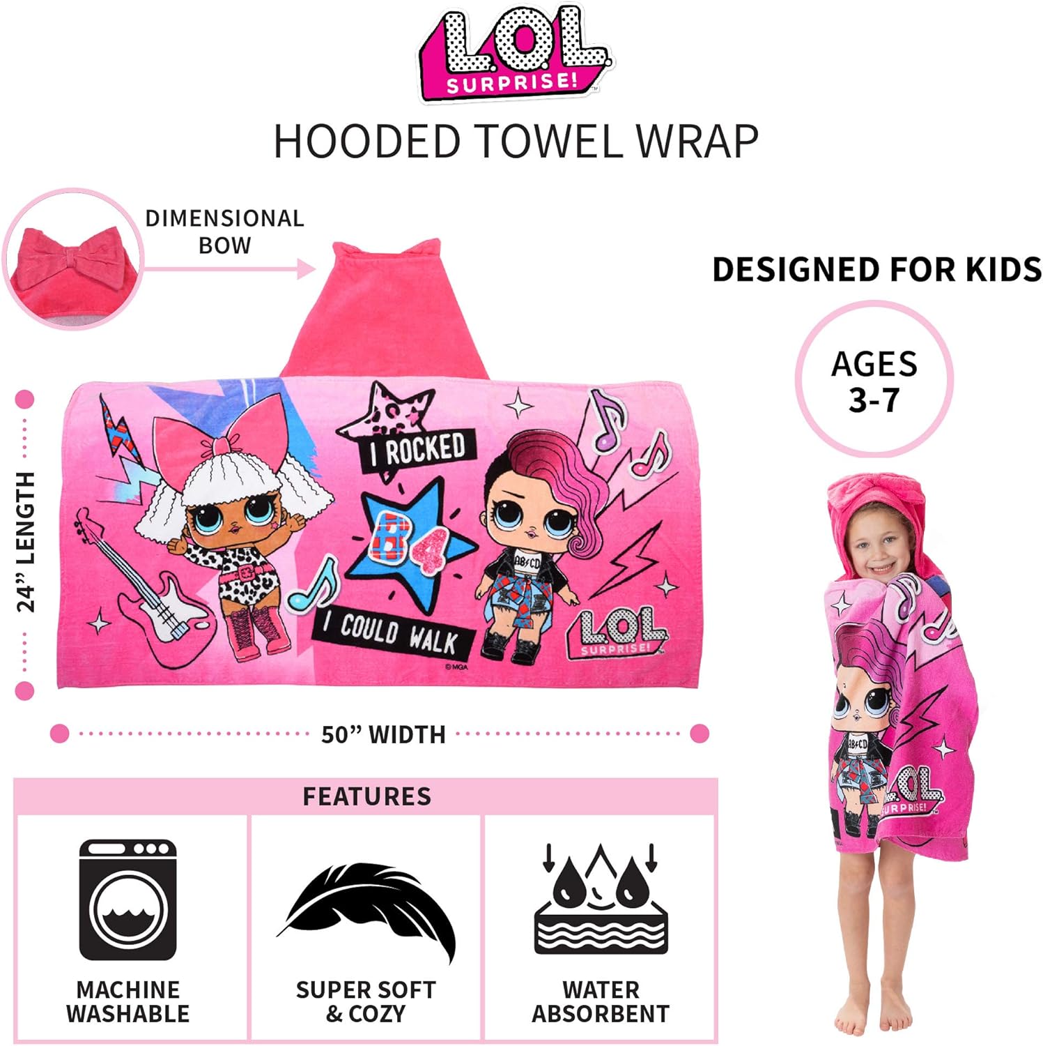 L.O.L. Surprise! Soft Cotton Bath/Pool/Beach Hooded Towel Wrap, 24 In x 50 In, Pink, By Franco Kids