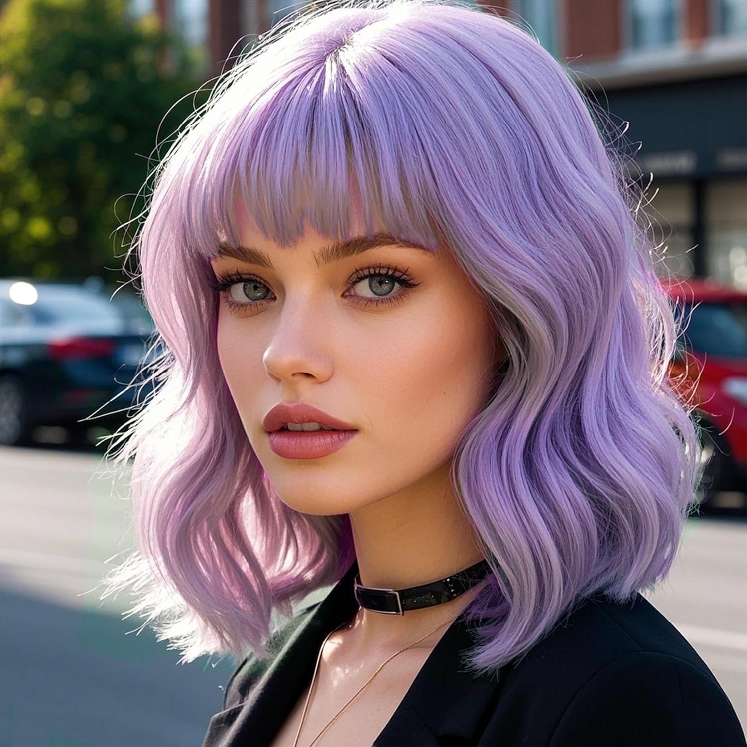 andromeda Purple Wig with Bangs Soft Short Bob Wavy Wigs for Women Synthetic Shoulder Length Women's Curly Wigs for Halloween Costumes Cosplay Daily (Purple)