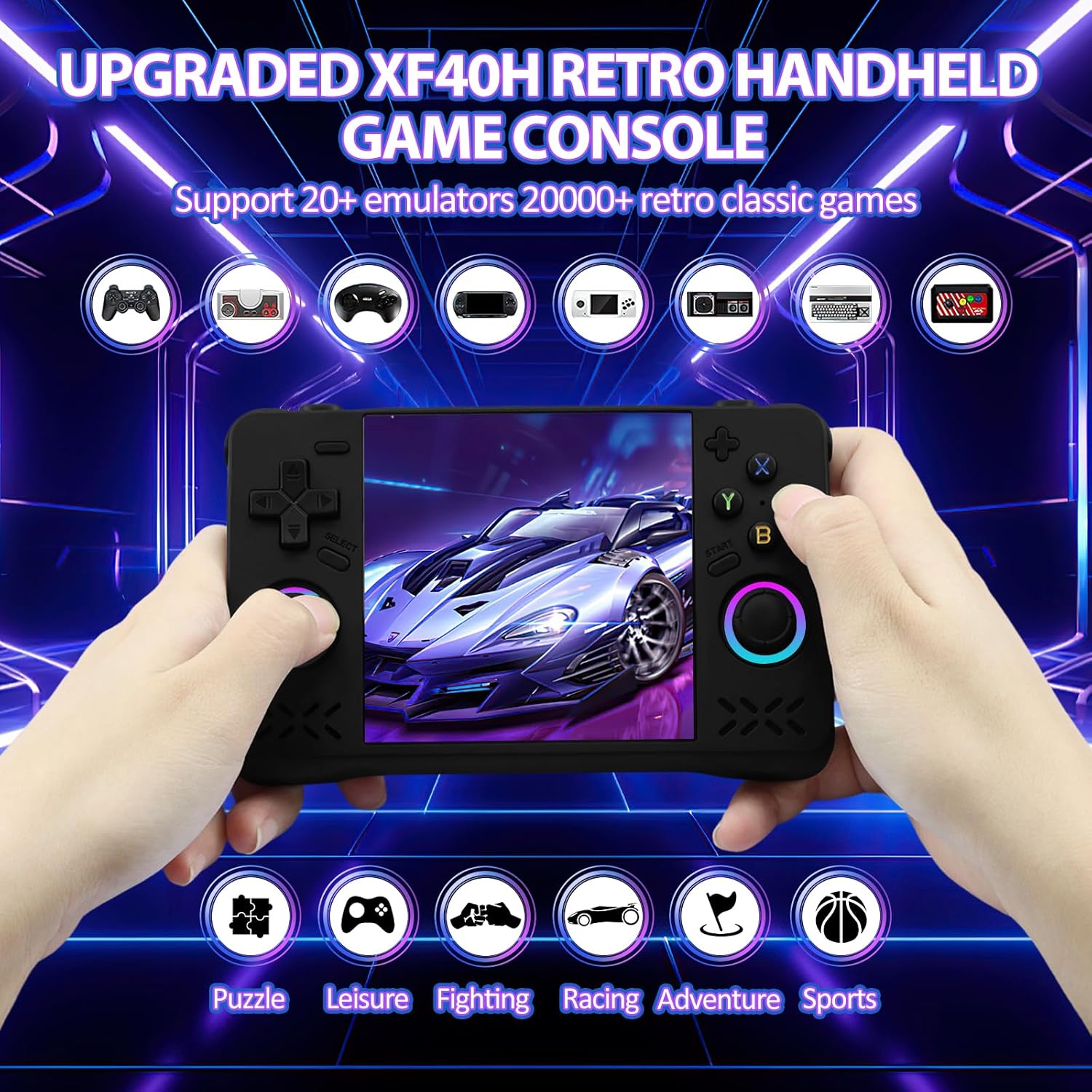 Upgraded XF40H Handheld Game Console, Retro Gaming Console Preloaded Classic Games with Multiple Emulators, 4.0 Inch 4K HD IPS Screen Open Source Linux System, Pocket Video Gaming (Black-128G)