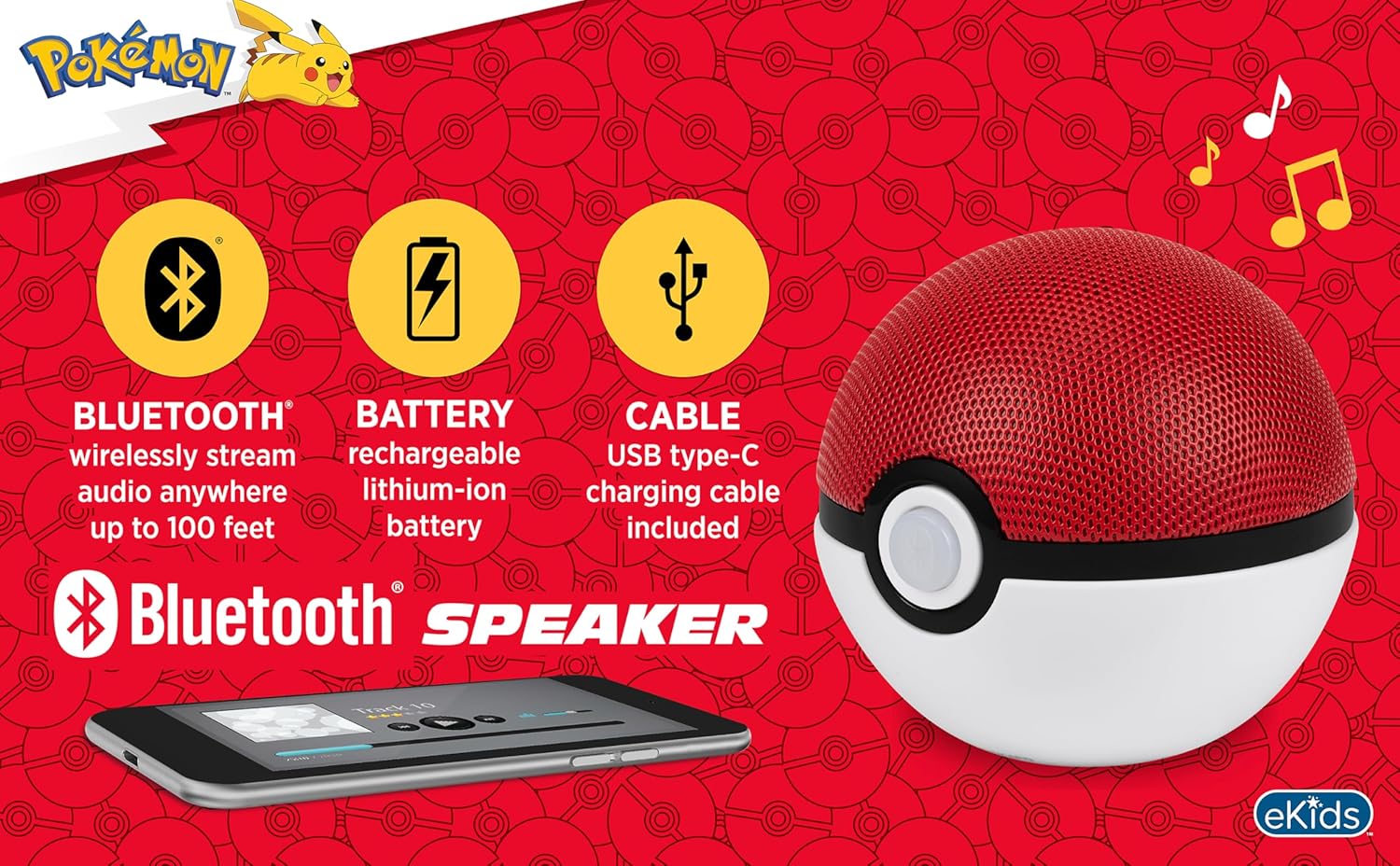 eKids Pokemon Pokeball Bluetooth Speaker, Wireless Speaker with Rechargeable Battery and USB-C Charging Cable