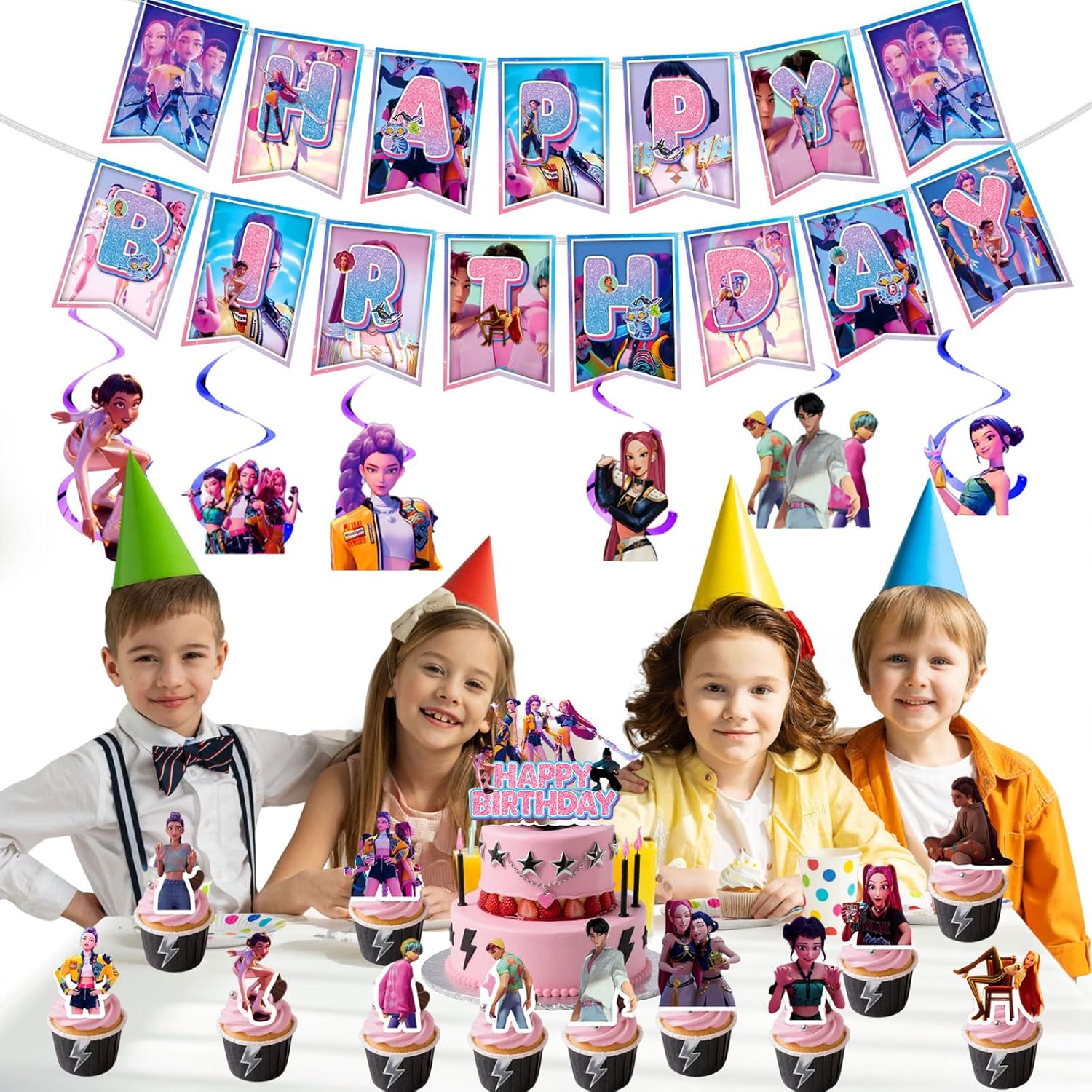Anime Party Decorations, Cartoon Happy Birthday Decorations, K-pop Banner Suit, Includes Banners, Cake Toppers, Hanging, and Dessert Toppers
