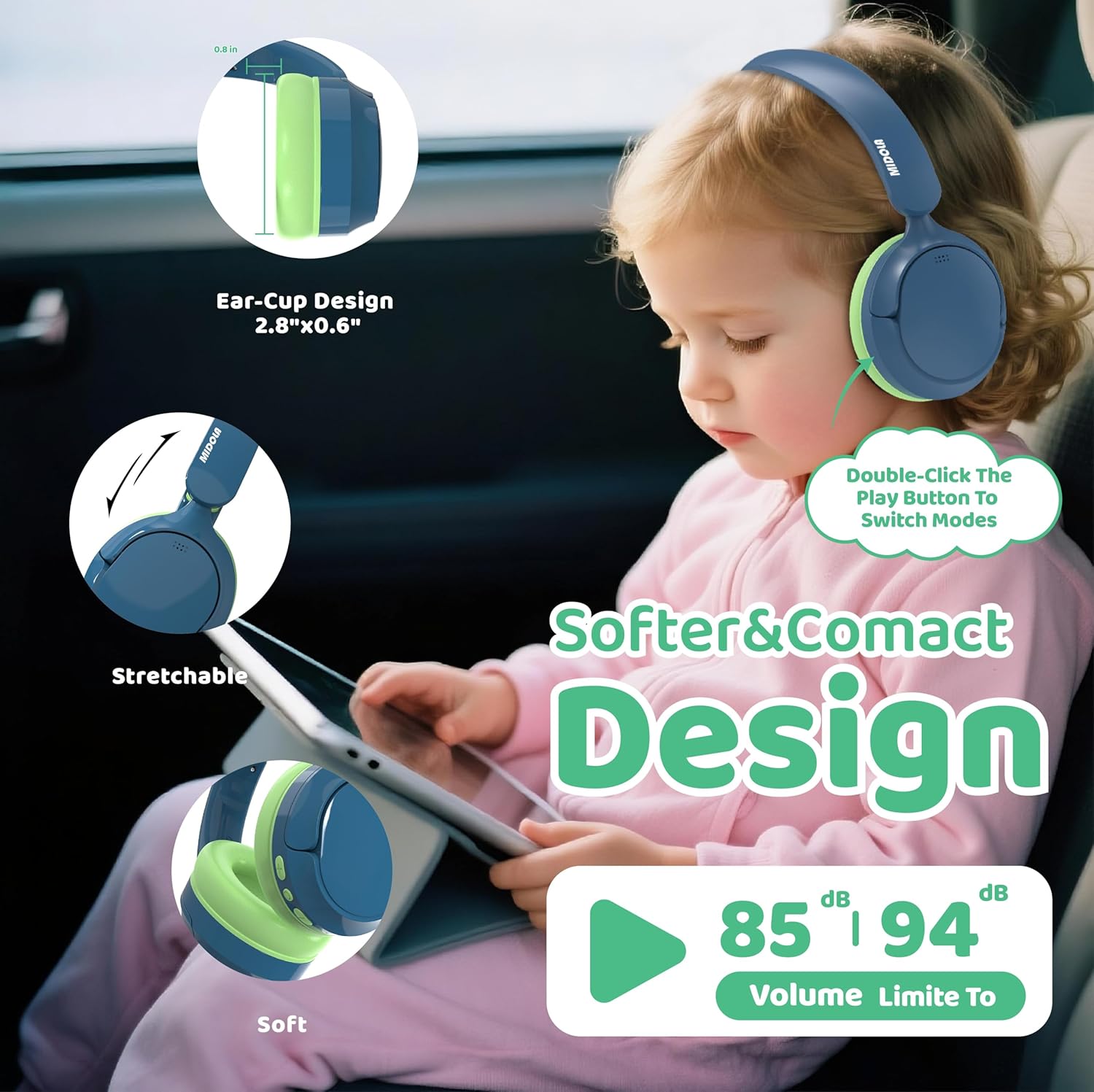 MIDOLA Active Noise Cancelling Kids Headphones Bluetooth 5.4 Wireless Volume Limited 85/94dB,Type C Fast Charging,Over Ear Foldable with Mic Aux Cord for Toddler Child Pad Tablet Blue
