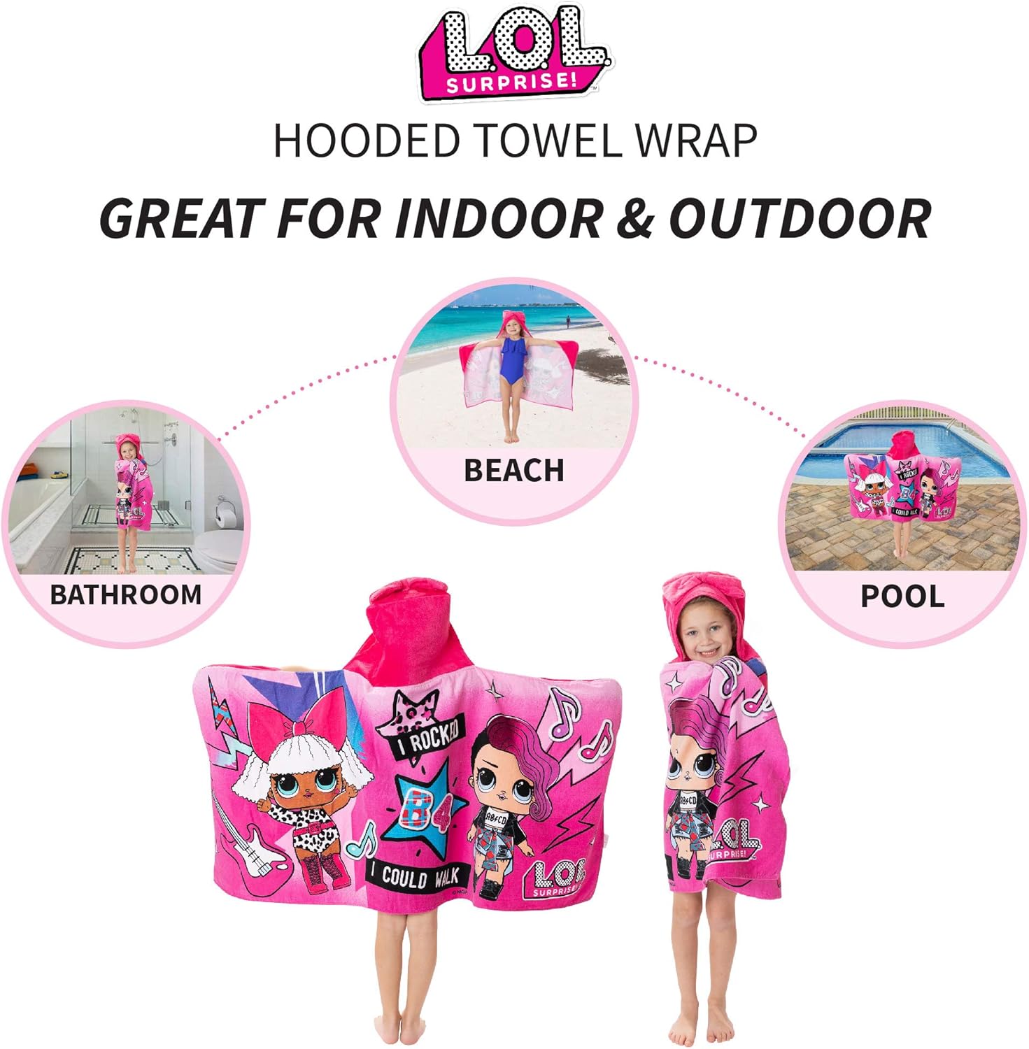 L.O.L. Surprise! Soft Cotton Bath/Pool/Beach Hooded Towel Wrap, 24 In x 50 In, Pink, By Franco Kids