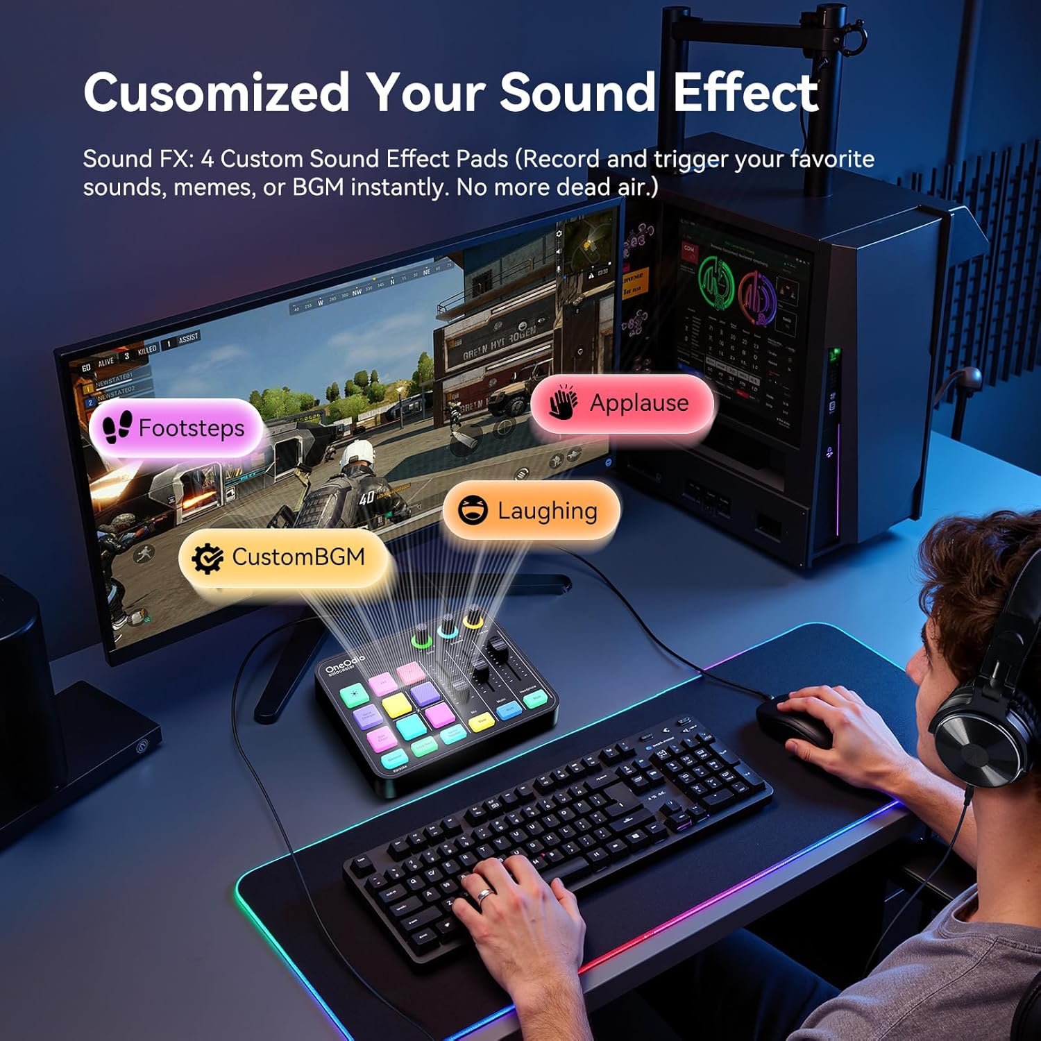 OneOdio Solocaster Gaming Audio Mixer - 5 Channel Interface with 48V Phantom Power, Bluetooth, RGB Lighting, 3.5mm/XLR/USB C, for Streaming/Podcast/Karaoke on PC, Mac, Mobile
