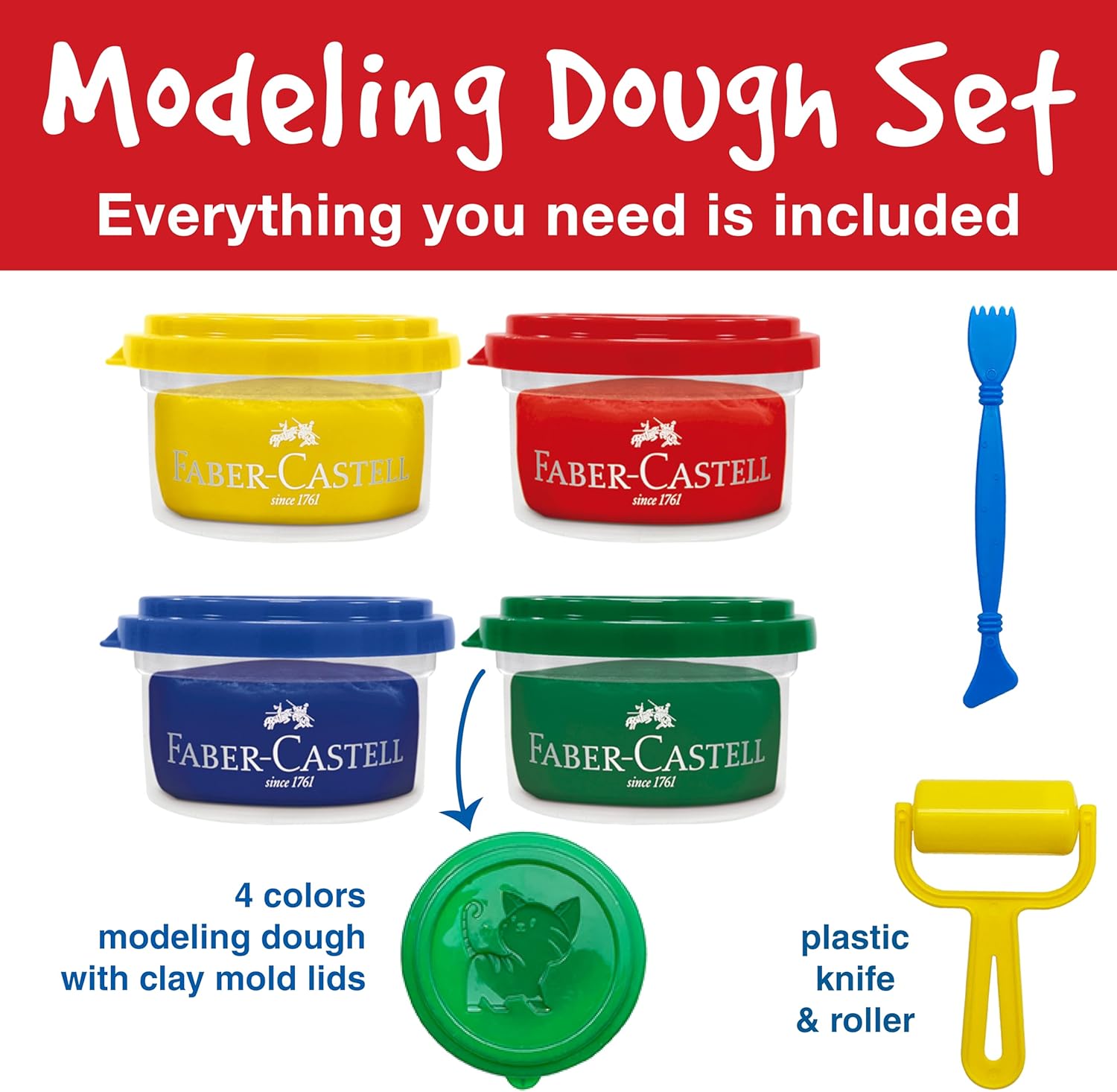 Faber-Castell Little Creatives Super Soft Modeling Dough: 4 Classic Colors and Play Dough Accessories, Non Toxic Playdough Kit for Toddlers, Gifts for Kids and Preschool (Ages 3+)