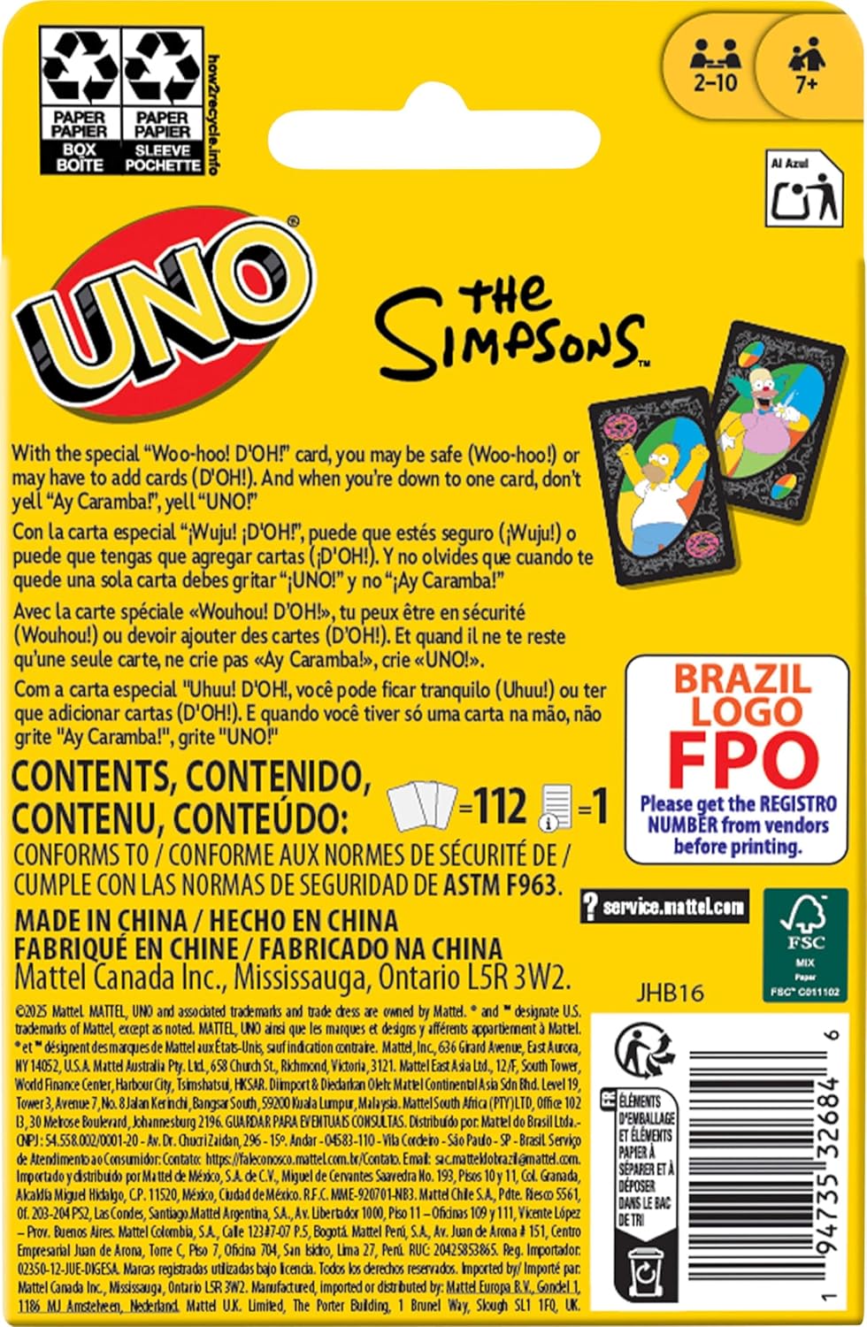 Mattel Games UNO The Simpsons Card Game for Kid, Adult & Family Nights, Parties, Travel & Camping, Toy Collectible Inspired by The Series