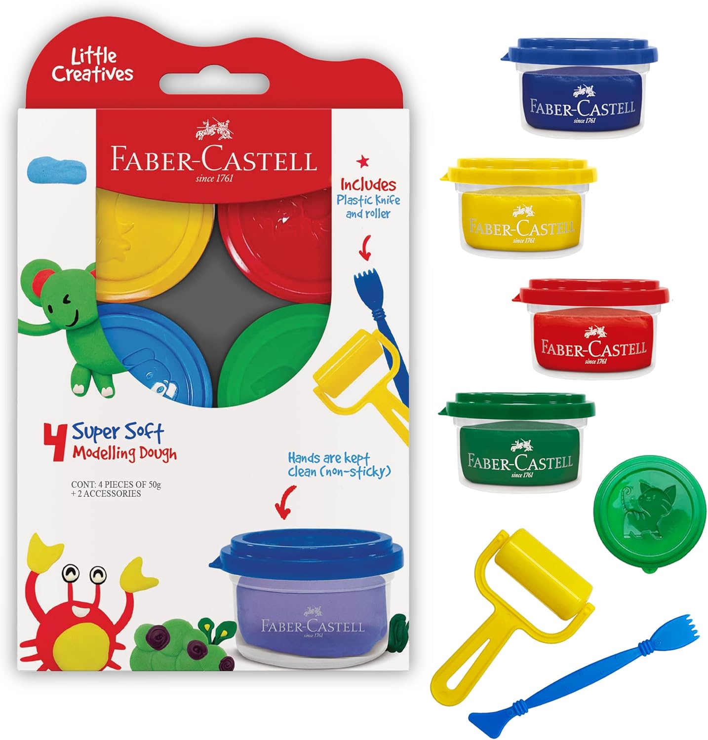 Faber-Castell Little Creatives Super Soft Modeling Dough: 4 Classic Colors and Play Dough Accessories, Non Toxic Playdough Kit for Toddlers, Gifts for Kids and Preschool (Ages 3+)