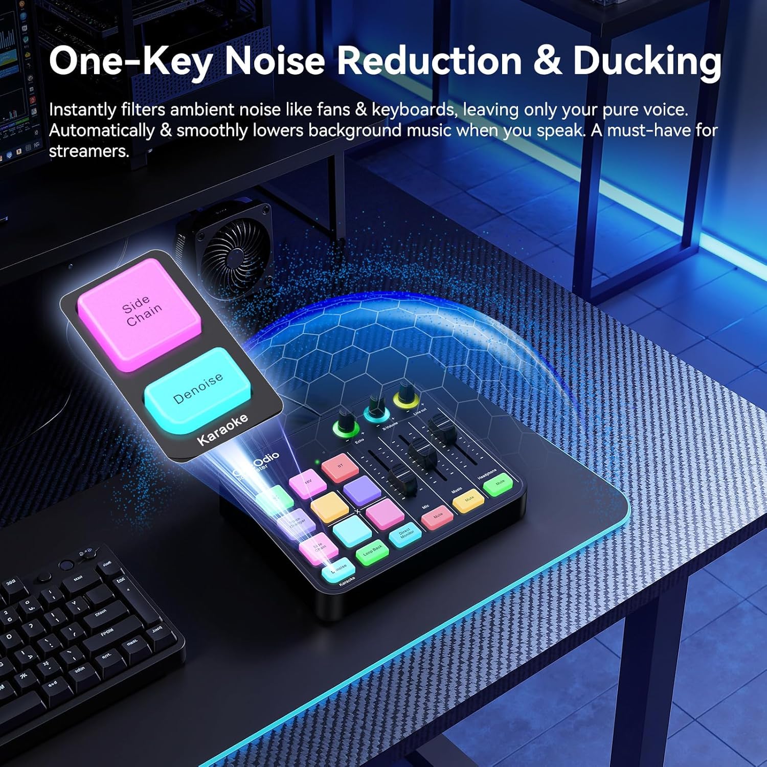 OneOdio Solocaster Gaming Audio Mixer - 5 Channel Interface with 48V Phantom Power, Bluetooth, RGB Lighting, 3.5mm/XLR/USB C, for Streaming/Podcast/Karaoke on PC, Mac, Mobile