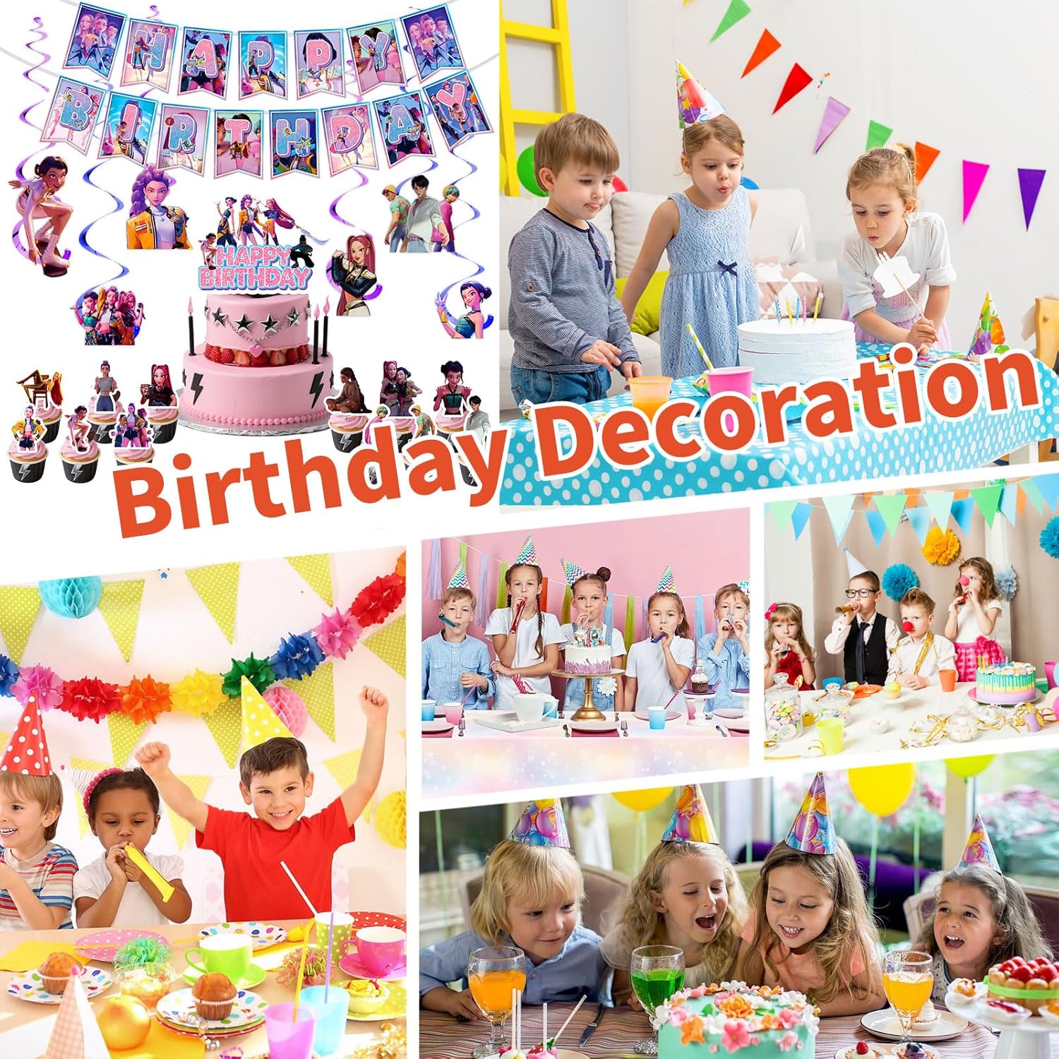 Anime Party Decorations, Cartoon Happy Birthday Decorations, K-pop Banner Suit, Includes Banners, Cake Toppers, Hanging, and Dessert Toppers