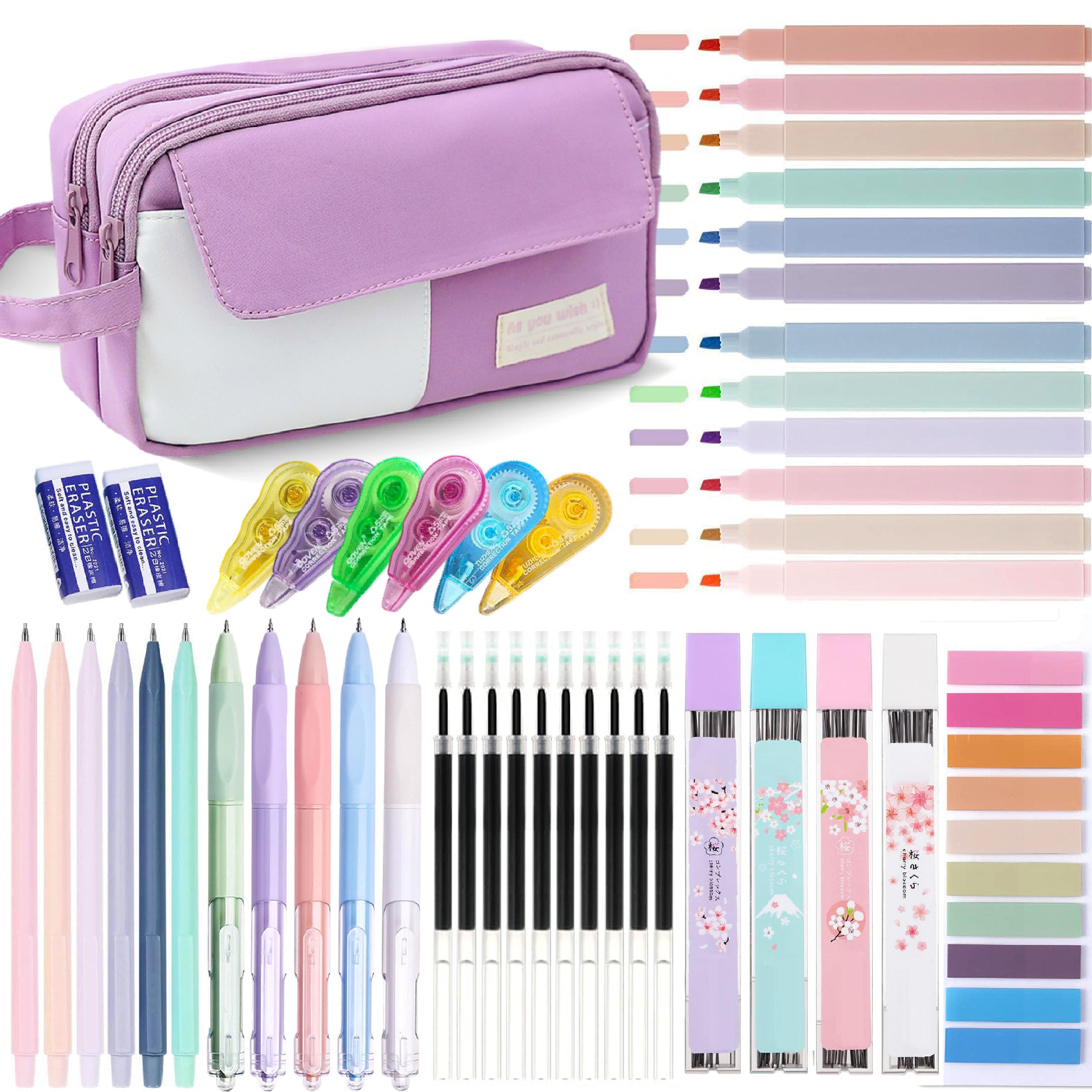 42 Pcs Big Capacity Pencil Pouch with Aesthetic School Supplies, 12 Pastel Highlighters, 5 Black Ink Gel Pens, 6 Mechanical Pencils Set 0.5 & 0.7mm, Sticky Notes, Stationary Set for Student(Black)