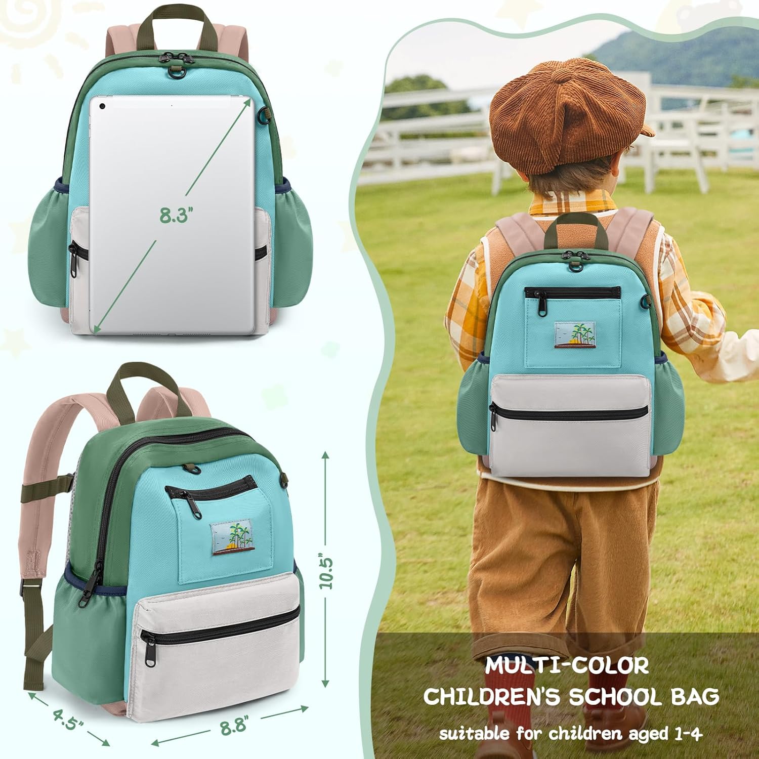 Toddler Backpack for Boys & Girls 1-3 Years, 10.5 Inch Lightweight Kids Bookbag, Waterproof Preschool Backpack for Kindergarten, Daycare, Travel, Durable Small Child School Bag, Green Grey