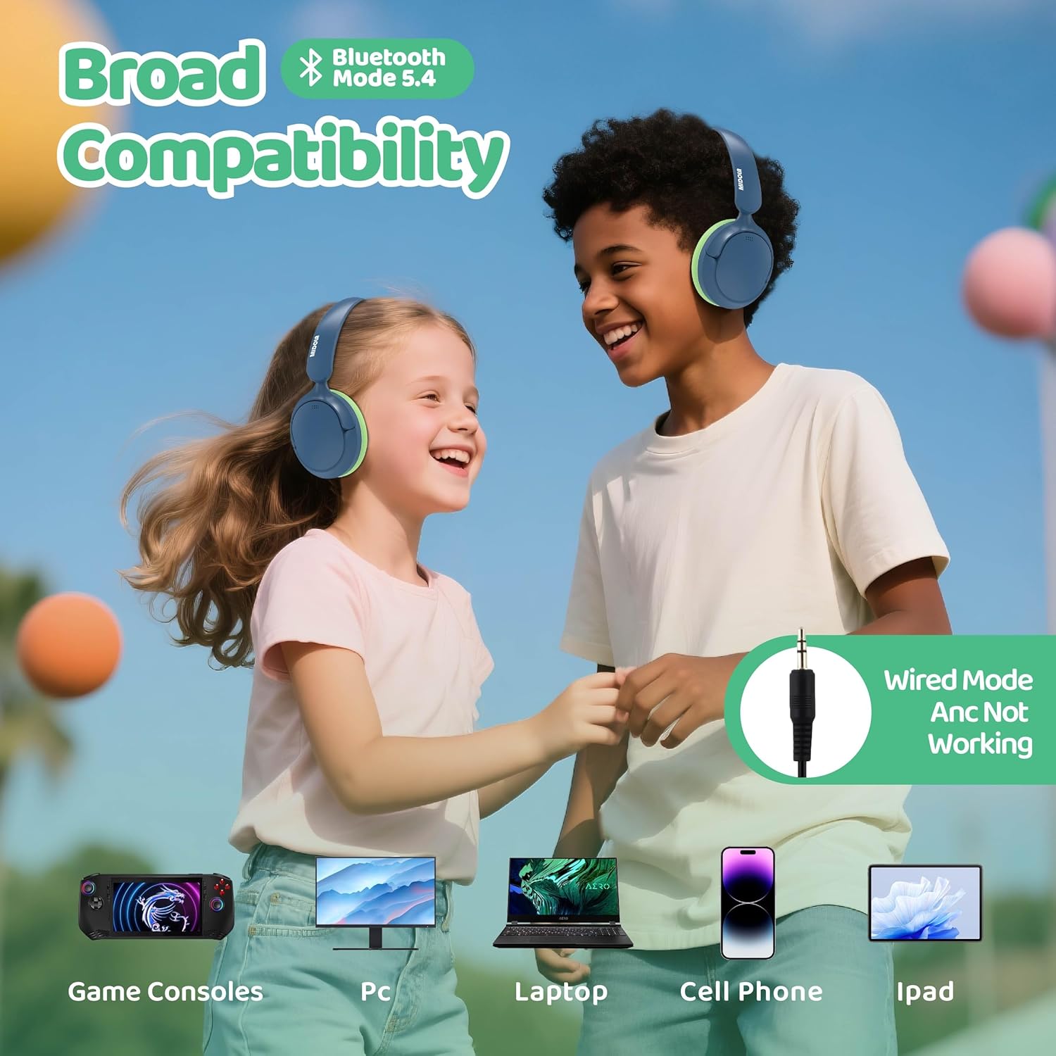 MIDOLA Active Noise Cancelling Kids Headphones Bluetooth 5.4 Wireless Volume Limited 85/94dB,Type C Fast Charging,Over Ear Foldable with Mic Aux Cord for Toddler Child Pad Tablet Blue