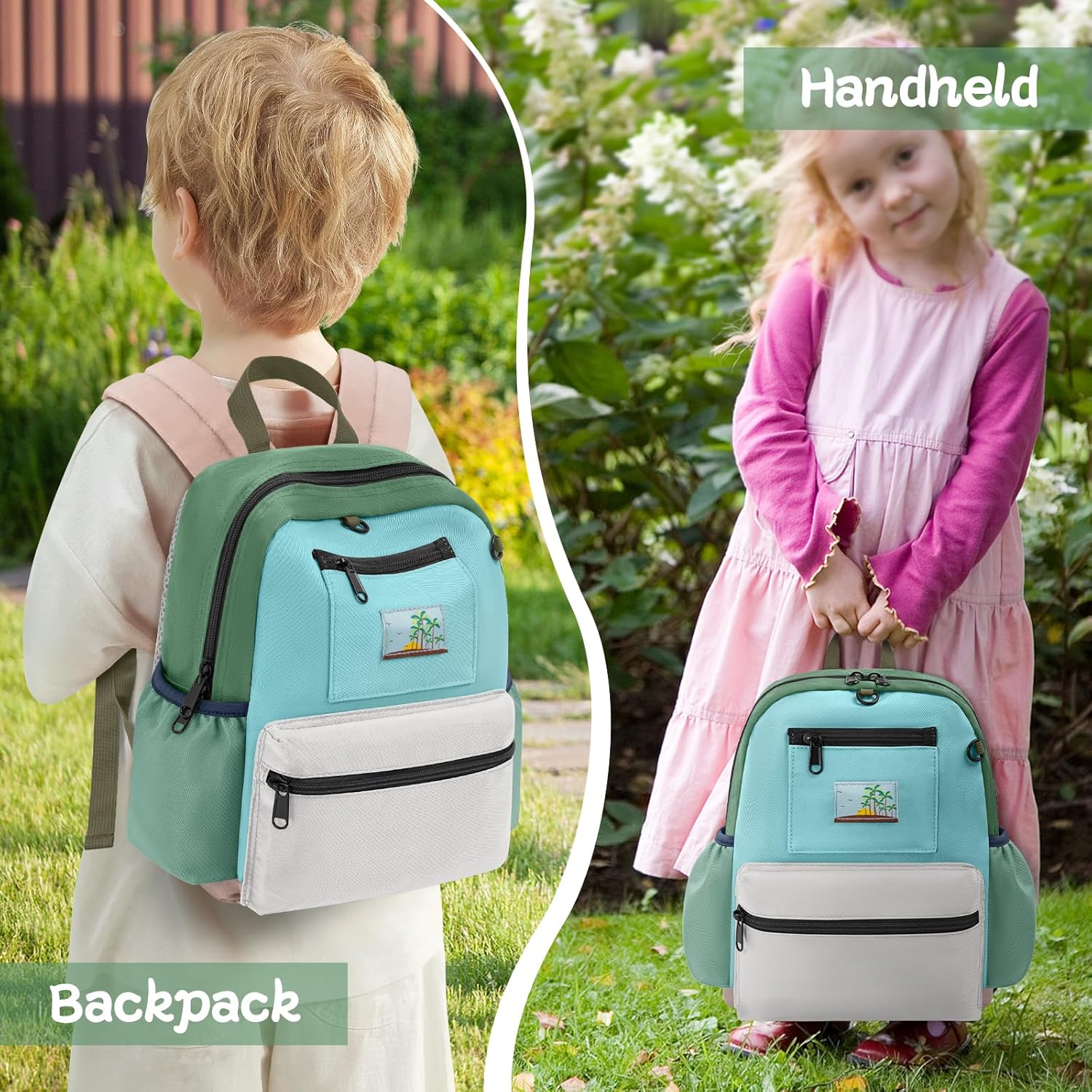 Toddler Backpack for Boys & Girls 1-3 Years, 10.5 Inch Lightweight Kids Bookbag, Waterproof Preschool Backpack for Kindergarten, Daycare, Travel, Durable Small Child School Bag, Green Grey