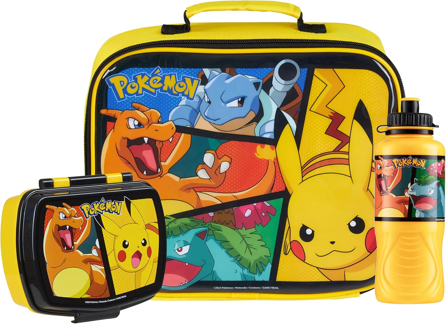 Pokemon Insulated Lunch Bag with Lunch Box Water Bottle Set for Kids 3 Piece School Snack Bag Pikachu Gifts for Kids (Yellow)