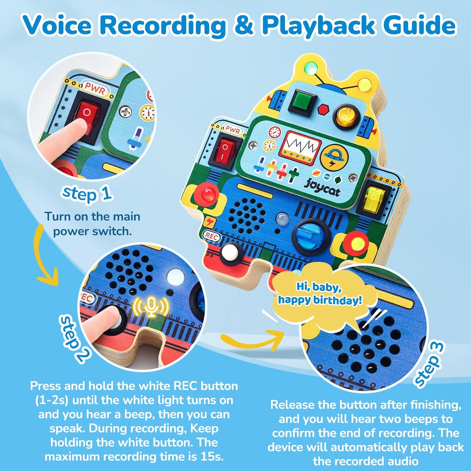 JoyCat Robot Busy Board with Led Light, Toddler Toys for 1 2 3 4 Year Old Boys and Girls, Wooden Sensory Toys with Voice Recording, Travel Toy for Toddlers 1-3, Birthday Presents