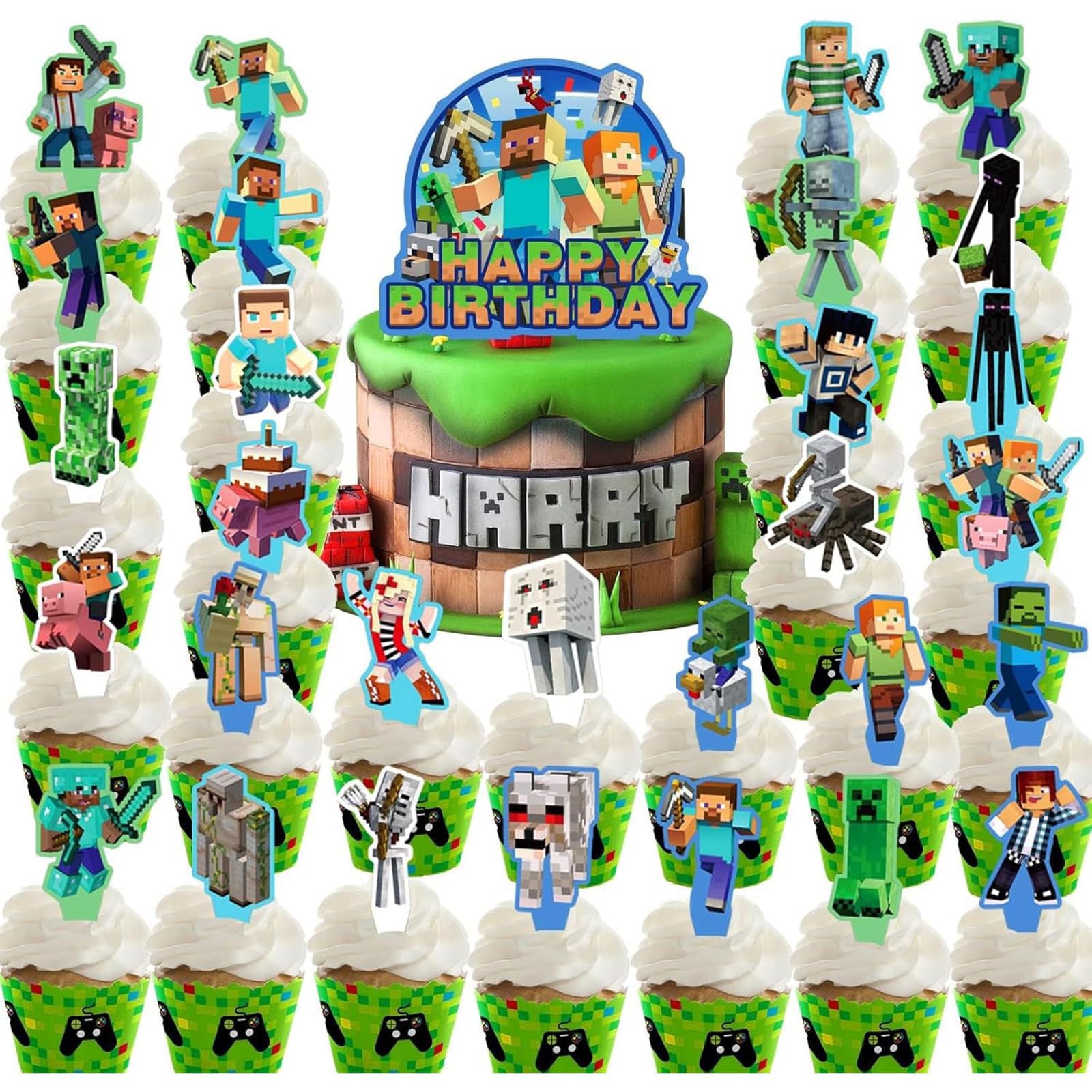 25 Pcs Pixel Styled Gamer Cake Decorations, Happy Birthday Cake Topper, Party Supplies for Boys & Girls