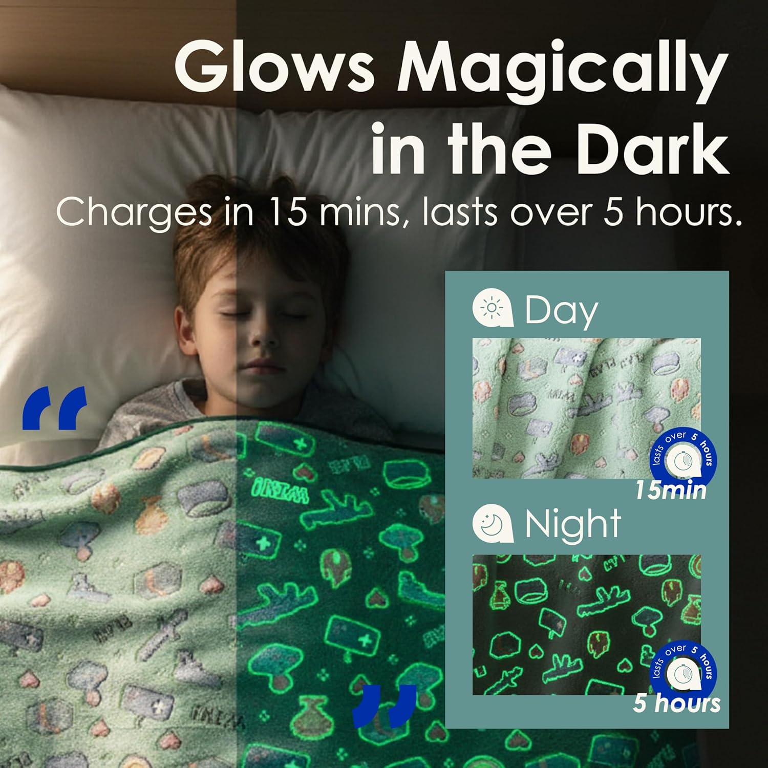 Glow in The Dark Gaming Throw Blanket for Kids, Ultra-Soft Fleece Gamer Blanket with Glow Dark Icons, Cozy Lightweight Flannel Blanket for Boys Girls Bedroom, Couch & Travel (Green, 50”x60”)