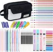 42 Pcs Big Capacity Pencil Pouch with Aesthetic School Supplies, 12 Pastel Highlighters, 5 Black Ink Gel Pens, 6 Mechanical Pencils Set 0.5 & 0.7mm, Sticky Notes, Stationary Set for Student(Black)