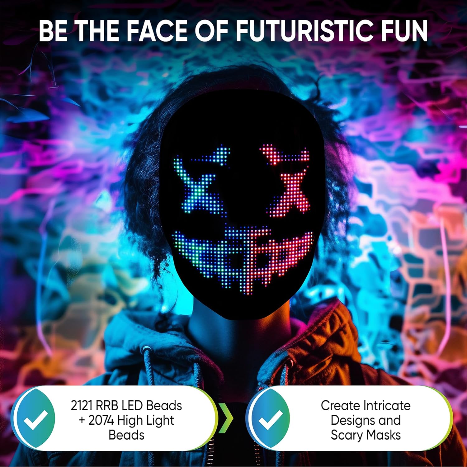 Face Transforming LED App Controlled Light Up Cosplay Mask with 115+ Animated Faces Customizable LED Patterns